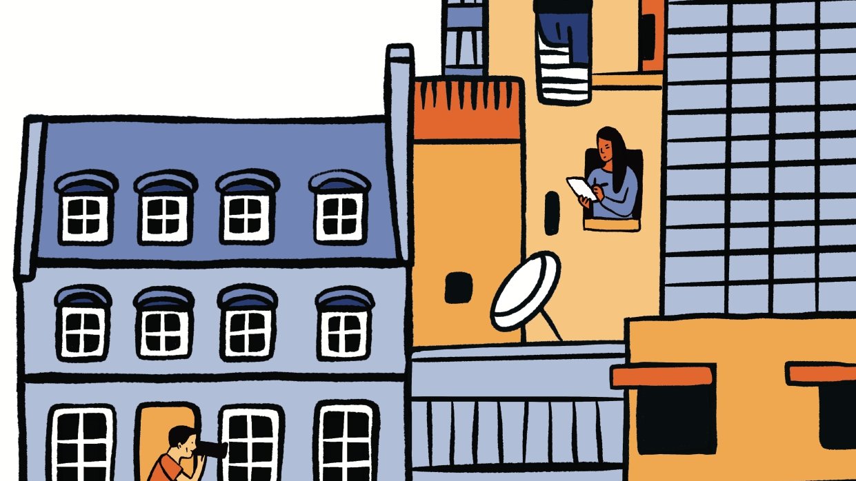 L'image présente une illustration colorée représentant des bâtiments de différentes formes et couleurs. Au centre, on peut voir des fenêtres avec des personnages à l'intérieur, certains lisent ou regardent, tandis que d'autres semblent se divertir. En haut de l'image, le texte "2023 ORIENT XXI FÊTE SES 10 ANS !" est affiché, soulignant un événement spécial. Les mots "ICI ET AILLEURS" sont en grandes lettres, ajoutant une dimension de connexion entre les lieux. L'ensemble évoque une atmosphère de célébration et de communauté.