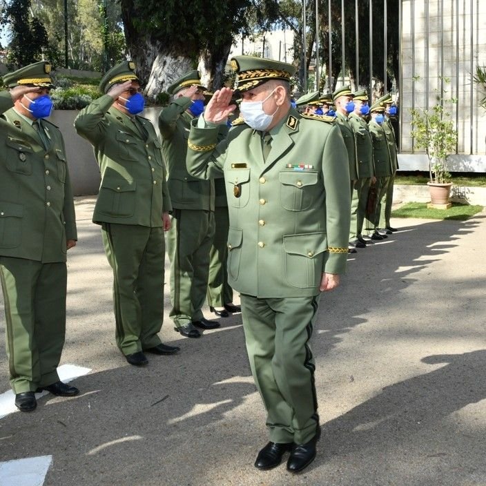 تظهر الصورة مجموعة من الضباط العسكريين يرتدون uniforms عسكرية باللون الأخضر، مع قبعات وأقنعة وجه زرقاء. يقوم الضباط بتحية أحد كبار الضباط الذي يسير في المقدمة. في الخلفية، يمكن رؤية مبنى حكومي أو عسكري مع بعض الأشجار والنباتات. يبدو أن اللحظة تشير إلى حدث رسمي أو استقبال عسكري.