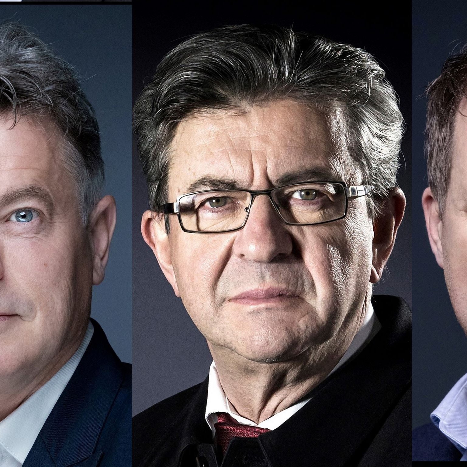 The image features three middle-aged men, each presented in a portrait style. 1. The man on the left has short, slightly tousled gray hair and blue eyes, wearing a dark blazer over a light shirt. He has a serious expression and is looking directly at the camera. 2. The middle man has darker hair, glasses, and a more somber look. He is wearing a dark coat over a collared shirt and appears to have a thoughtful expression. 3. The man on the right has light brown hair and blue eyes, dressed in a dark suit. He also gazes directly at the camera with a composed demeanor. The background of the image is neutral, which helps to focus attention on the subjects.