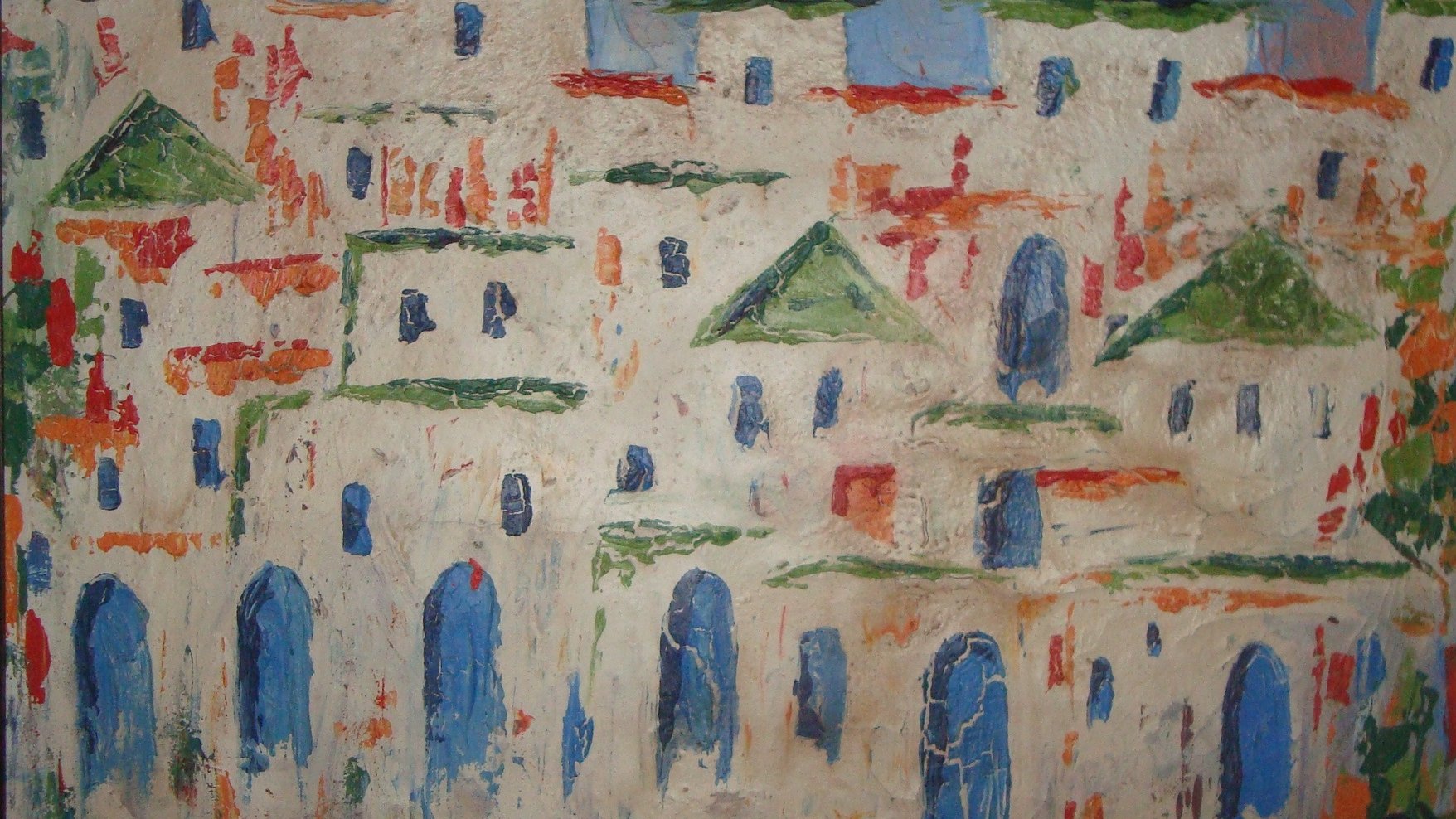 الصورة تُظهر مشهدًا فنيًا لعمارة تقليدية، حيث تحتوي على مباني بألوان دافئة ومتنوعة. تتداخل الأشكال الهندسية مع بعضها البعض، مع وجود نوافذ وأقواس مميزة. يُستخدم اللون الأبيض بشكل بارز، مع مساحات من اللون الأزرق والأخضر الذي يبرز الأسطح والسقف. يبدو أن الصورة تجسد طابعًا تاريخيًا أو ثقافيًا، مع لمسة فنية إضافية تعكس أسلوبًا تجريديًا في التعبير.