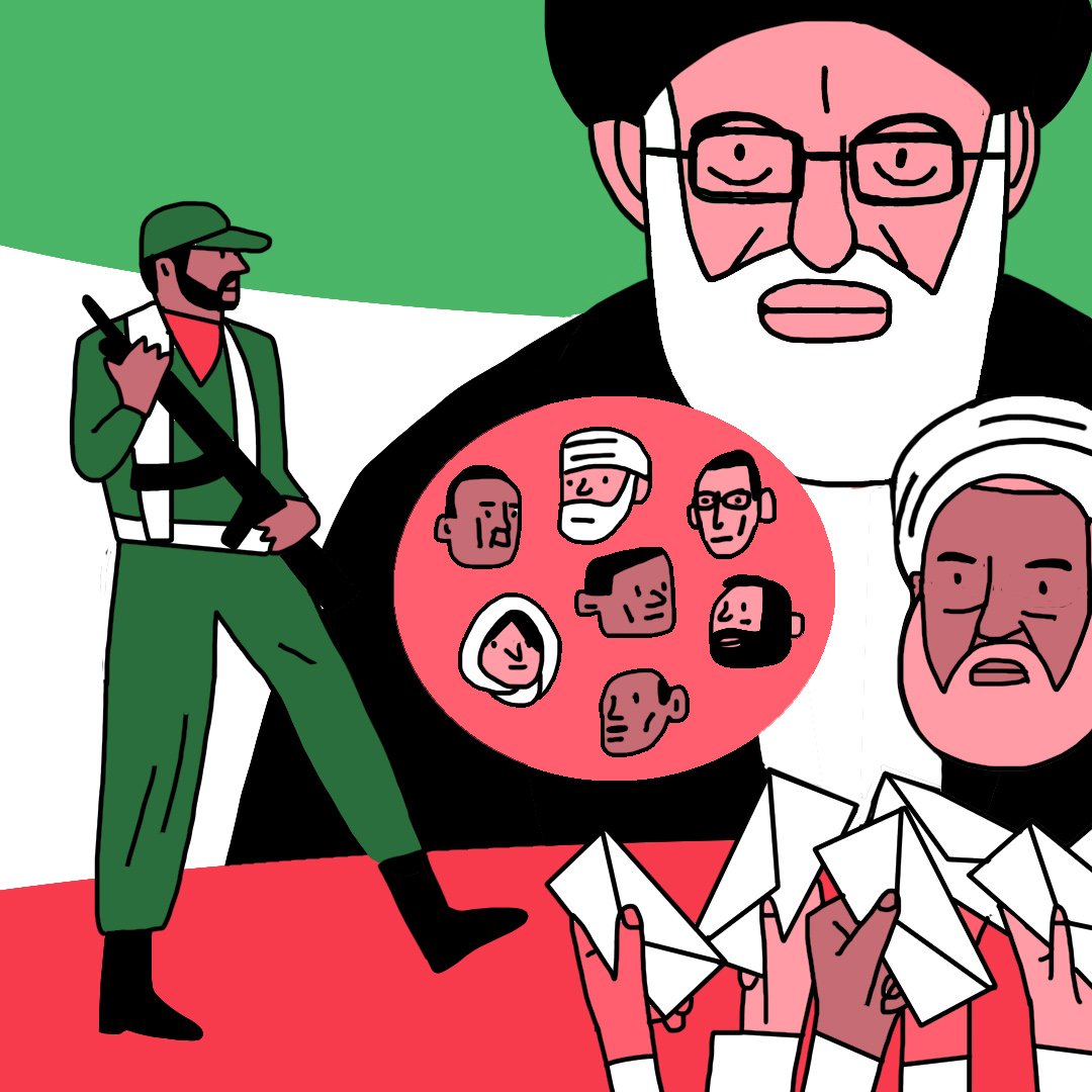 La imagen presenta una ilustración con varios elementos simbólicos. En el centro, se destaca una figura que parece ser un líder religioso, con barba y gafas, rodeado de un fondo que incluye los colores verde y blanco, que podrían representar la bandera de Irán. A su lado, hay un soldado armando, lo que sugiere un contexto militar o de defensa. En la parte inferior, se muestran varias cartas o sobres, que podrían simbolizar elecciones o comunicaciones. Además, hay un grupo de personajes estilizados, que podrían representar a diferentes sectores de la sociedad o a personas afectadas por un conflicto. La imagen transmite una sensación de tensión política y social.