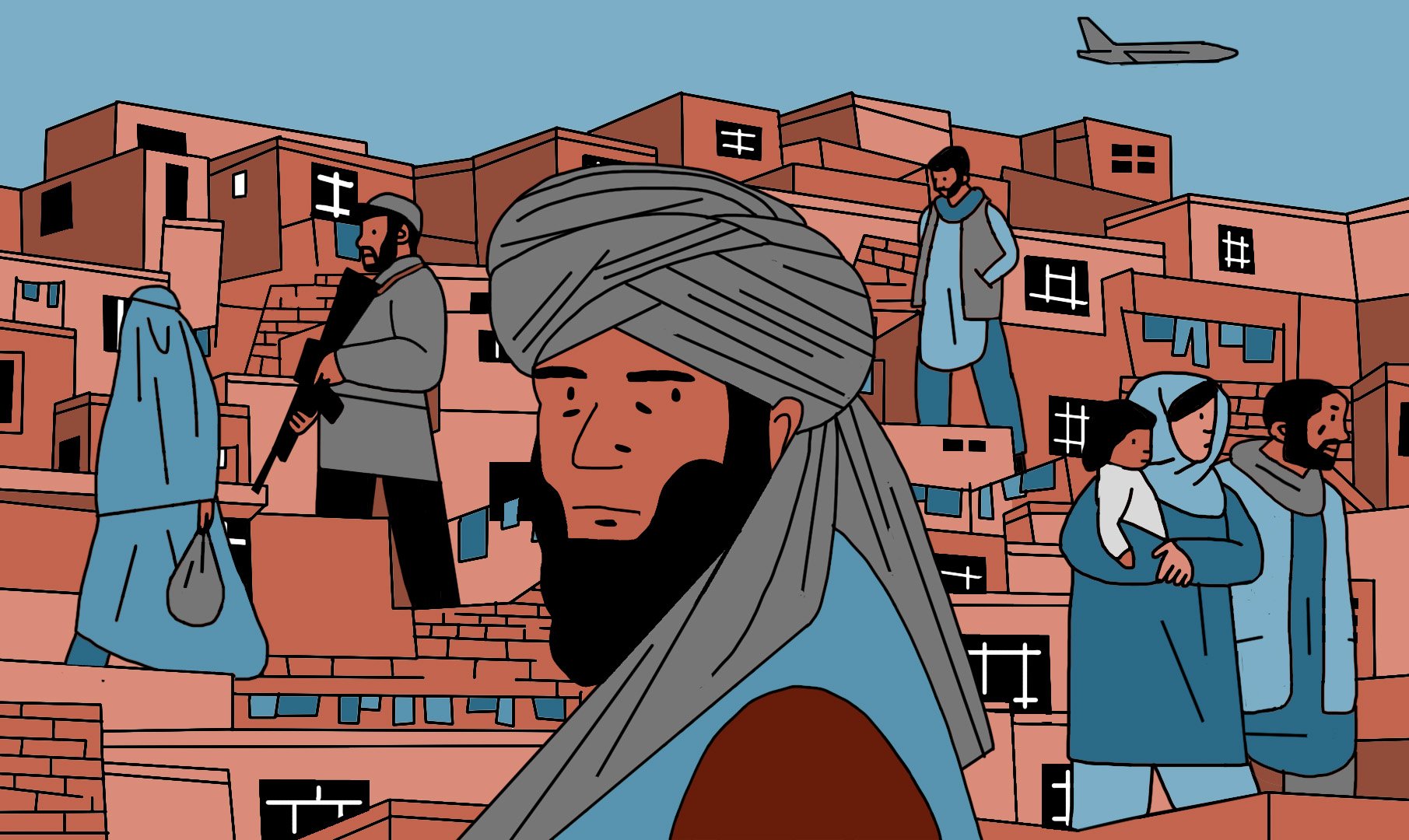 La imagen muestra una escena urbana en un entorno que parece ser un área de viviendas. Hay varias figuras humanas en diferentes posturas y actividades, algunas personas llevan vestimenta tradicional. En el fondo, se pueden ver edificios de colores terracota y un avión en el cielo. La atmósfera es algo melancólica, y la ilustración utiliza una paleta de colores cálidos.