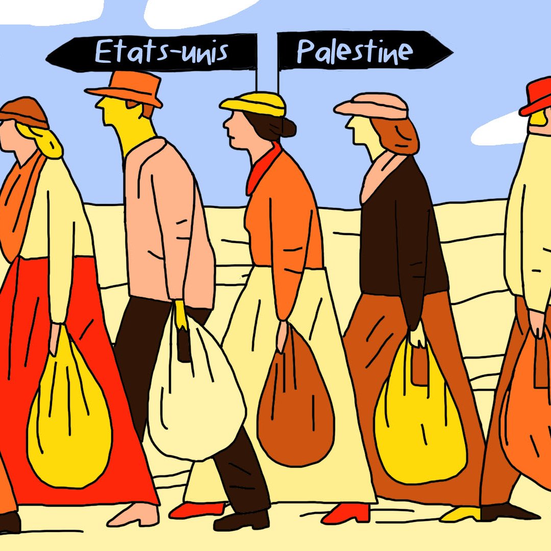 تصویر نشان‌دهنده گروهی از افراد است که در حال حرکت هستند. آنها لباس‌های ساده‌ای به تن دارند و هر یک کیسه‌هایی در دست دارند. پس‌زمینه تصویر به صورت دشت یا زمین خشک طراحی شده است. دو تابلو با نوشته‌های "Etats-unis" و "Palestine" در بالای سر برخی از افراد قرار دارد که به نوعی به تضاد یا تقابلی بین این دو مکان اشاره دارد. رنگ‌ها به کار رفته در تصویر زنده و شاداب هستند، با خطوط ساده و واضح که بر سادگی و بیان مفهومی تأکید دارد.