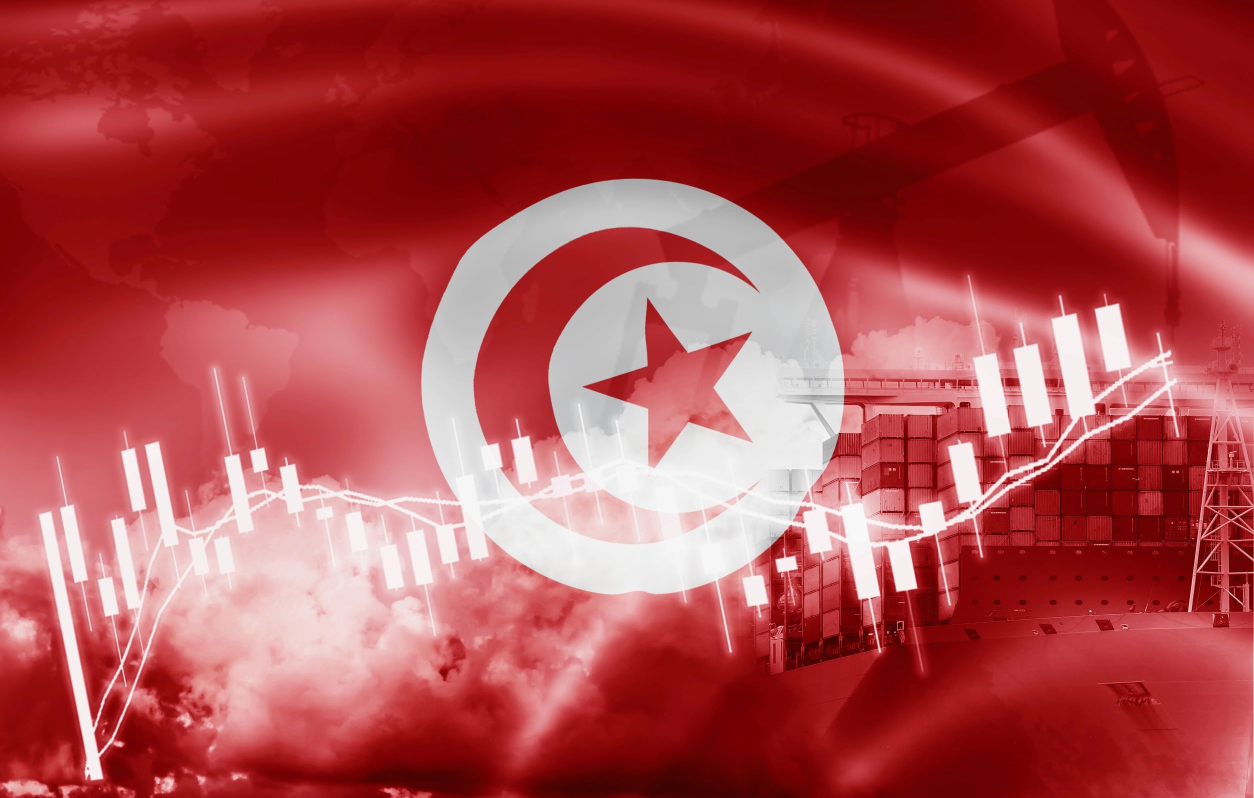 L'image présente un fond rouge, principalement dominé par le drapeau de la Tunisie, qui comporte un cercle blanc avec une étoile et un croissant rouges. En arrière-plan, on peut apercevoir des éléments graphiques représentant des graphiques financiers, des barres de données et probablement des références à l'industrie pétrolière, suggérant un lien avec l'économie ou le commerce. Les nuances de rouge et les graphismes évoquent une ambiance dynamique et énergique.