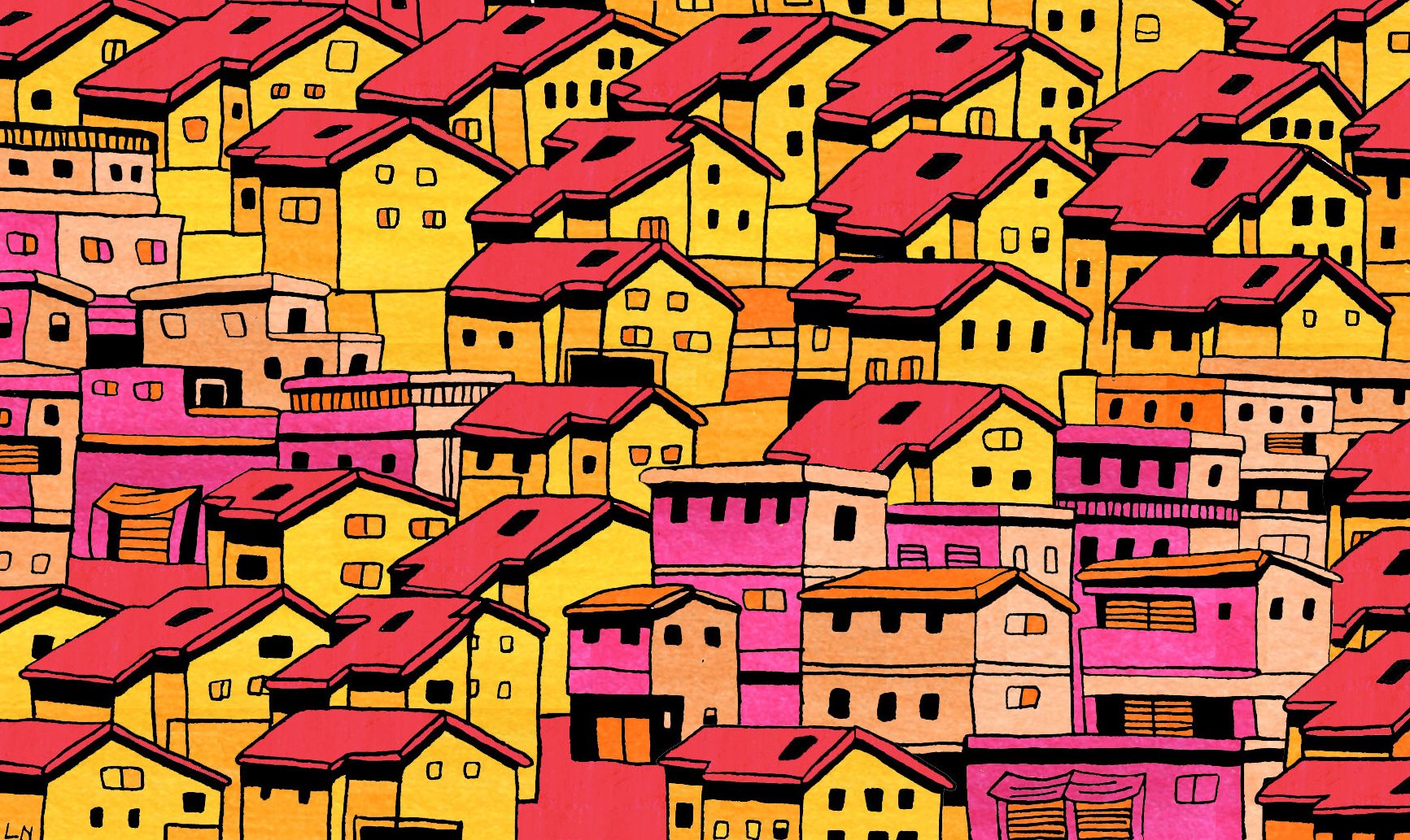 L'image présente un motif coloré de maisons stylisées. Les toits sont principalement rouges, tandis que les murs des maisons varient du jaune au rose et au beige. Les bâtiments sont agencés de manière dense, créant une impression de foule architecturale. Le fond est lumineux et offre un contraste vif entre les couleurs chaudes. L'ensemble dégage une atmosphère dynamique et vivante.