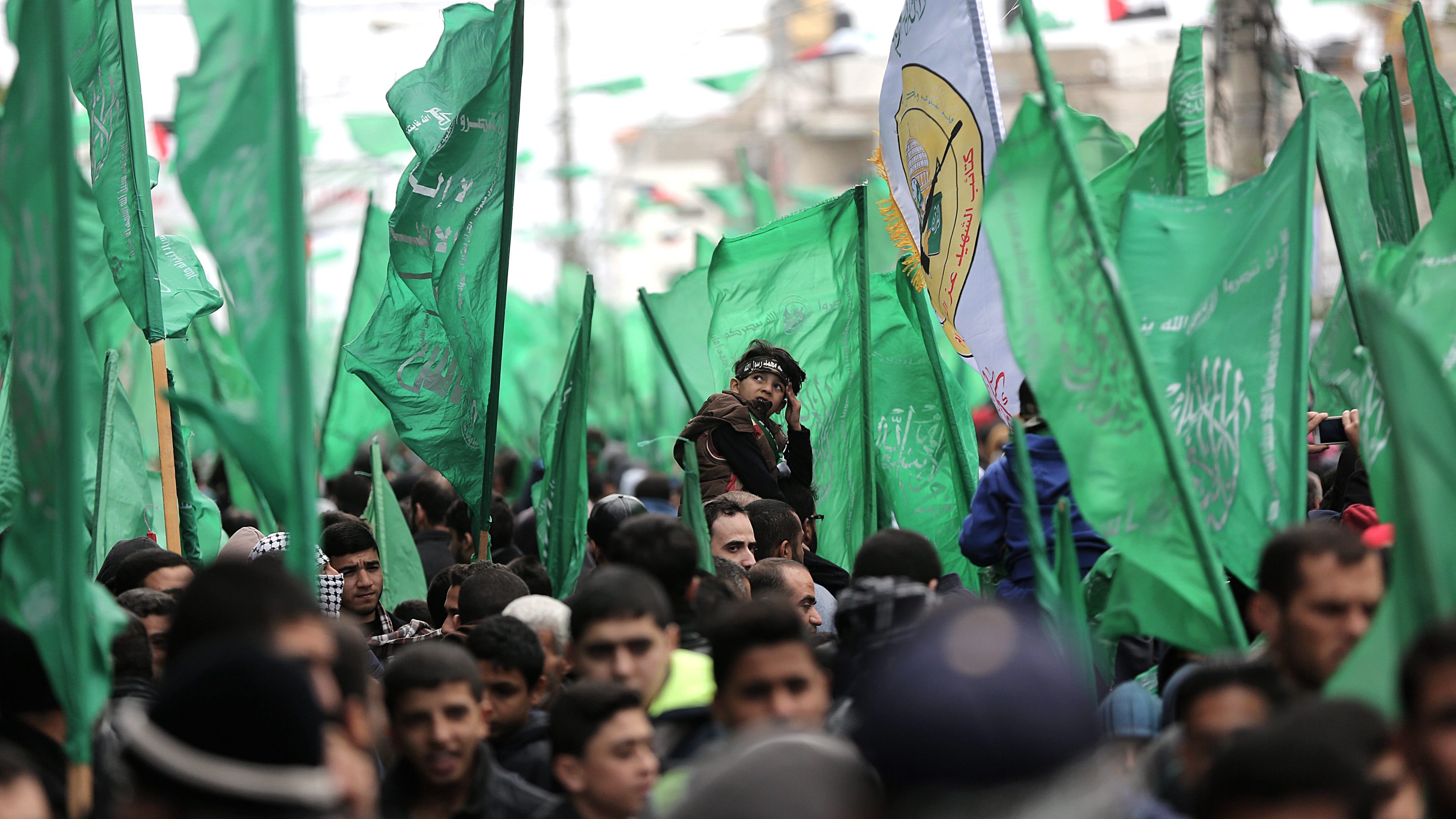 L'image montre une foule lors d'un rassemblement, où de nombreuses personnes portent des drapeaux verts. Les drapeaux semblent représenter un mouvement ou un groupe politique. Au premier plan, on observe un enfant sur les épaules d'un adulte, ce qui suggère une atmosphère de célébration ou de protestation. L'arrière-plan est rempli de personnes, renforçant l'idée d'un événement collectif. L'ambiance générale semble dynamique et engagée.