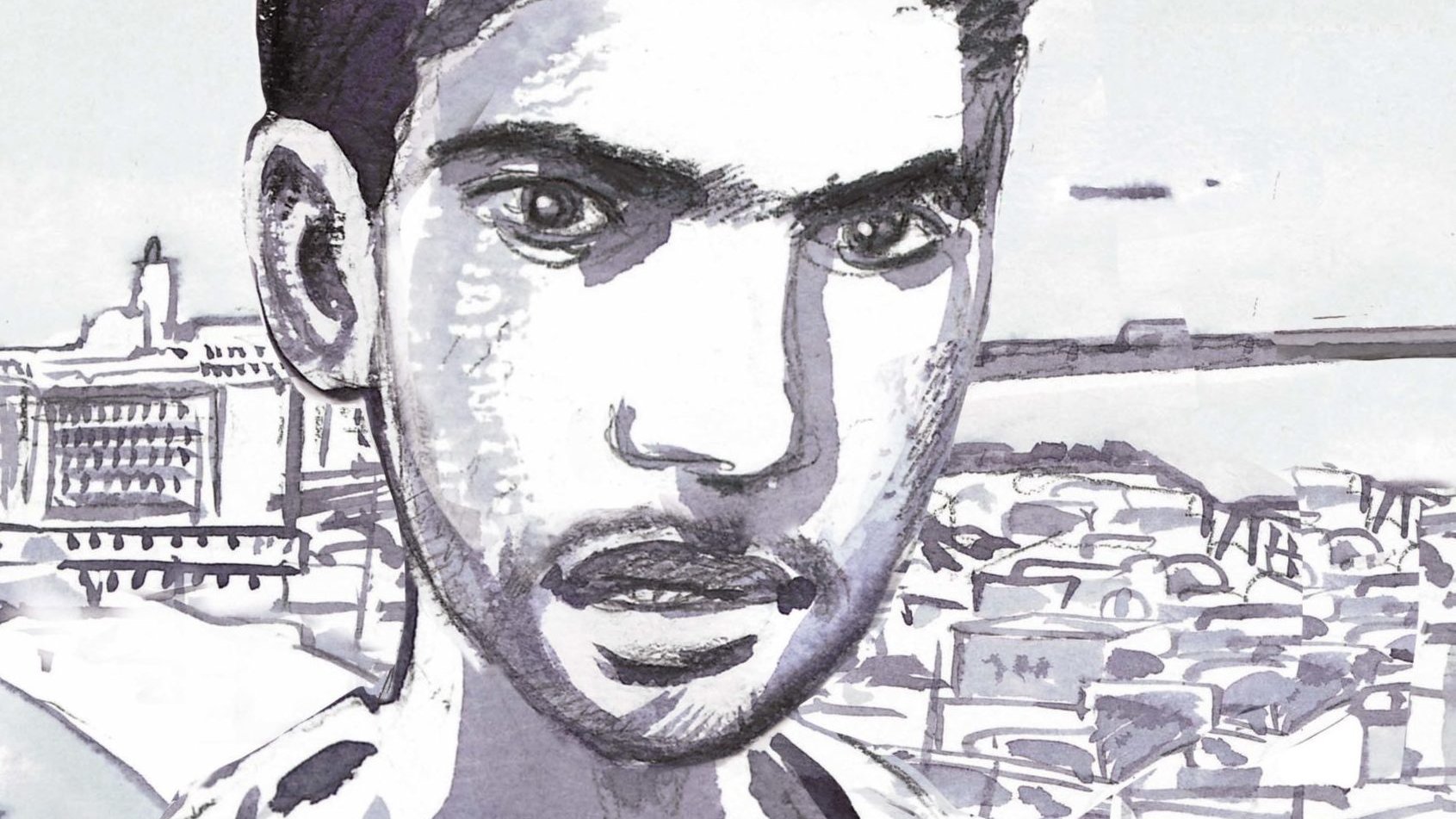 L'image représente un portrait stylisé d'un jeune homme. Ses traits sont dessinés de manière expressive, avec un fort contraste de noir et blanc. Il a un regard intense et sérieux, et son expression semble contemplative. En arrière-plan, on aperçoit une ville, suggérant une vue urbaine étendue. Les détails du paysage sont esquissés de manière abstraite, ce qui met l'accent sur le visage du jeune homme.