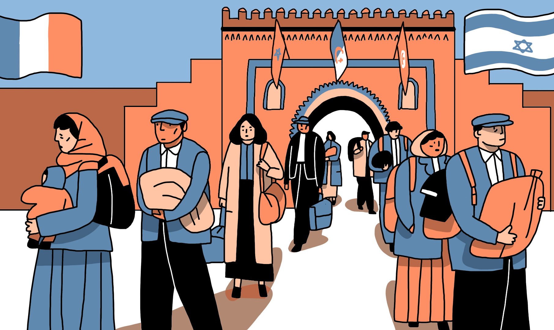 L'image montre un groupe de personnes marchant dans une rue animée, avec une architecture colorée en arrière-plan. Certaines personnes portent des vêtements traditionnels, d'autres des tenues modernes. On remarque également des drapeaux français et israéliens flottant. Le groupe semble traverser un passage avec des arches, suggérant un lieu historique ou culturel. Les expressions des personnes sont variées, allant de la détermination à la douceur, et certaines portent des enfants ou des bagages.
