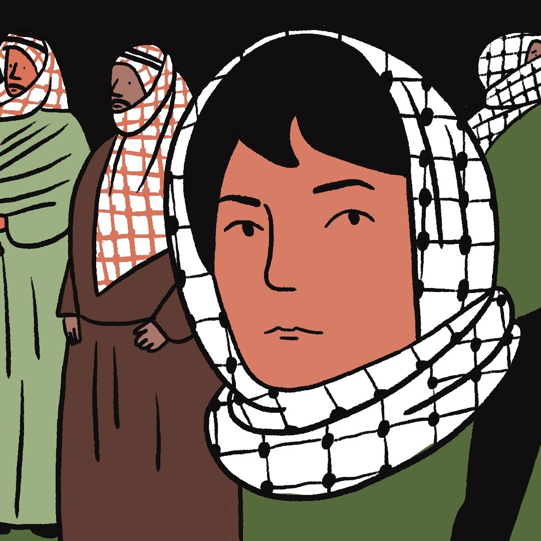 L'immagine mostra un gruppo di figure illustrati in uno stile grafico semplice e stilizzato. Al centro, c'è un volto di un giovane, con un copricapo che ricorda un keffiyeh. Intorno a lui, ci sono altre persone che indossano anch'essi keffiyeh e abiti tradizionali. Una figura è in movimento, apparentemente lanciando qualcosa, mentre le altre sembrano in piedi, con un'espressione seria. Lo sfondo è diviso in vari colori, creando un contrasto visivo tra le diverse aree dell'immagine. L'insieme comunica un senso di identità culturale e di impegno politico.