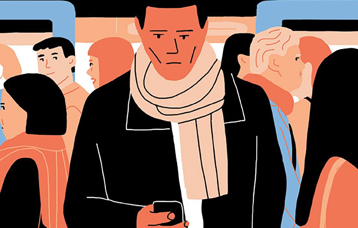 L'image montre une scène animée d'un métro ou d'un train, remplie de passagers. Au premier plan, un homme se tient debout, absorbé par son téléphone, portant un manteau noir et une écharpe claire. Autour de lui, plusieurs personnes sont visibles, certaines regardant dans sa direction, d'autres engagées dans leurs propres activités. Les personnages sont stylisés avec des traits simples et des couleurs vives, créant une atmosphère moderne et dynamique. L'ensemble de la scène évoque une ambiance urbaine et quotidienne.