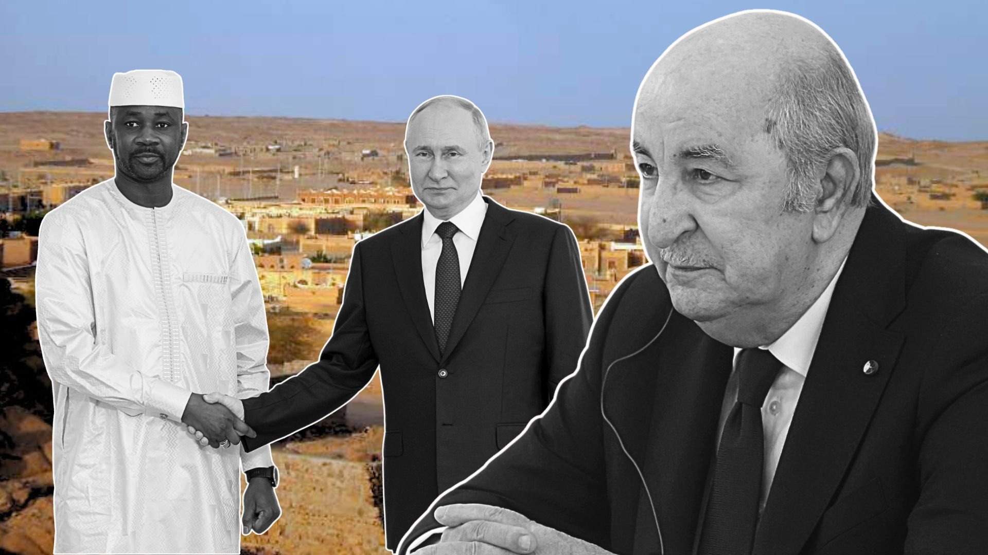 L'image présente un collage avec trois figures. Au centre, on voit un homme en costume noir, manifestement un leader politique. À sa gauche, un homme en tenue traditionnelle blanche, apparemment en train de serrer la main de l'autre homme. À droite, un homme plus âgé, visiblement en train de discuter ou de réfléchir. En arrière-plan, on aperçoit un paysage désertique, probablement représentant une région aride. L'ensemble semble évoquer un contexte diplomatique, peut-être une rencontre ou un accord entre dirigeants.