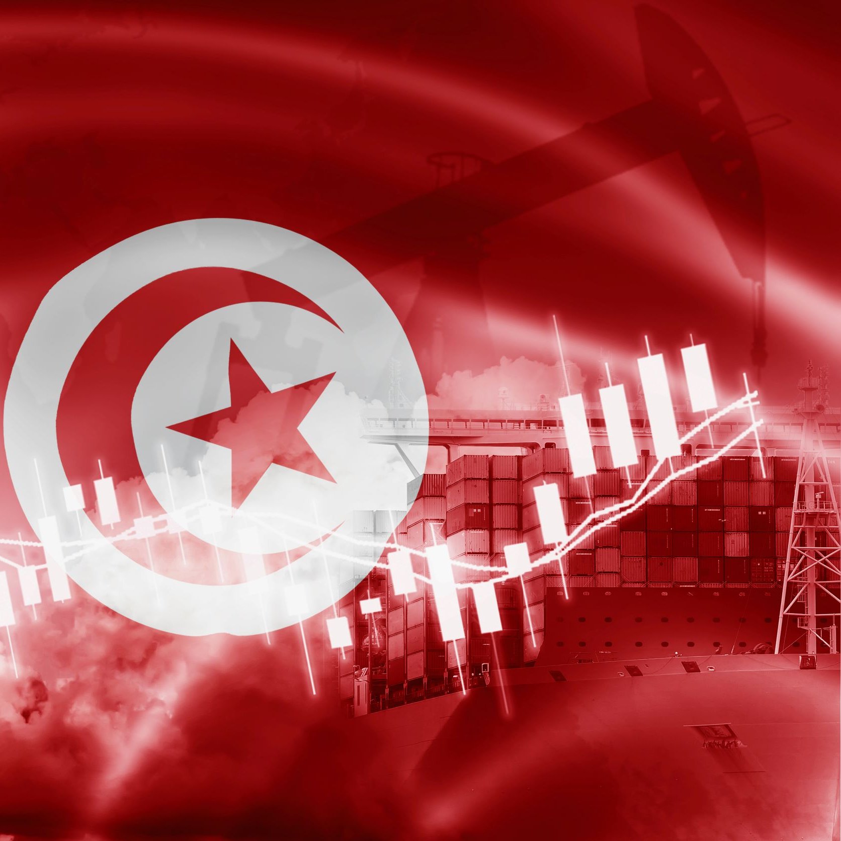 L'immagine presenta uno sfondo rosso, sul quale si trova la bandiera della Tunisia. Al centro è visibile il simbolo di una stella rossa circondata da un cerchio bianco, tipico della bandiera tunisina. In aggiunta, ci sono elementi grafici come grafici a barre e un'immagine stilizzata di una petroliera, che suggeriscono temi legati all'economia e al commercio. L'intera composizione evoca un'atmosfera dinamica e finanziaria.