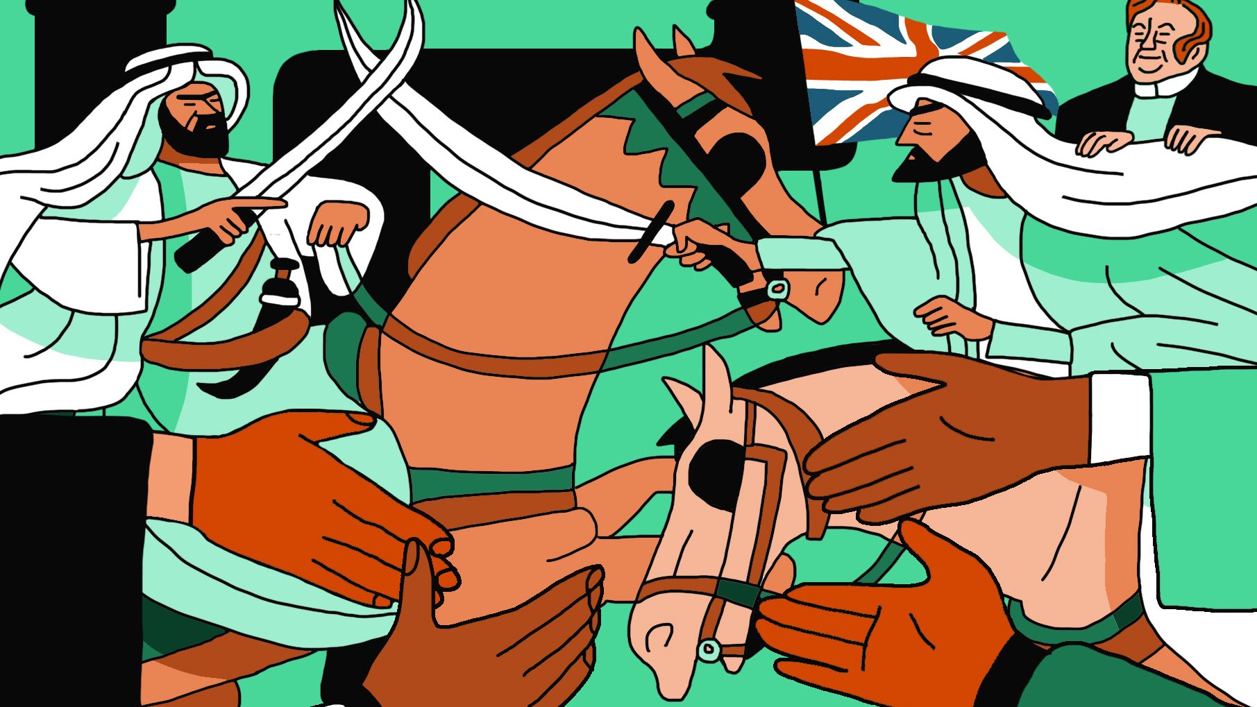 L'image montre une scène dynamique avec des cavaliers montés sur des chevaux. Les cavaliers portent des vêtements traditionnels et brandissent des épées. À l'arrière-plan, on peut apercevoir un drapeau britannique. Des mains se rejoignent au centre de l'image, symbolisant peut-être une collaboration ou un échange culturel. Les couleurs sont vives et créent une ambiance énergique.