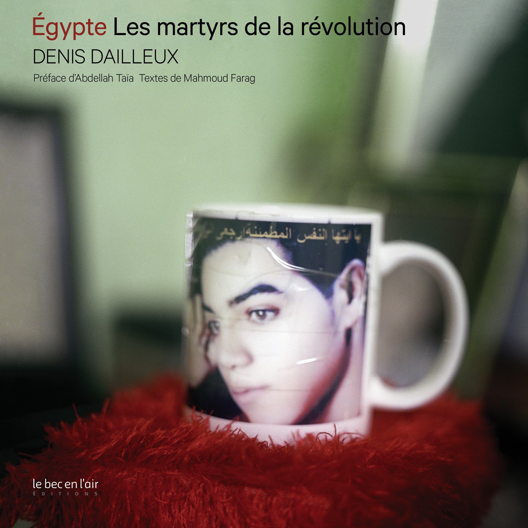L'image présente une tasse avec une image d'une personne portant un regard triste ou pensif. Le fond de la tasse est légèrement flou, mais on distingue bien le visage. La tasse est placée sur un support de couleur rouge, ajoutant une touche de chaleur à la composition. En bas de l'image, le texte indique "Égypte Les martyrs de la révolution" ainsi que le nom de l'auteur, Denis Dailleux, et des précisions sur la préface et les textes. L'ensemble évoque un hommage ou une réflexion sur les événements révolutionnaires en Égypte.