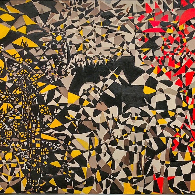 The image depicts an abstract painting characterized by bold geometric shapes and vibrant colors. The left side features a chaotic arrangement of black, yellow, and gray shapes, creating a sense of density and complexity. In contrast, the right side showcases a more energetic composition with dominant red and black hues intermixed with white and yellow shapes. The overall effect is dynamic and visually stimulating, drawing the viewer's attention across the contrasting halves of the artwork.