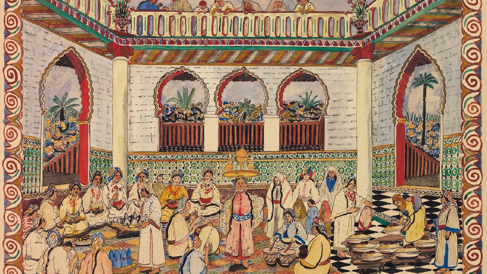 تظهر الصورة مشهداً تقليدياً حيوياً في قاعة كبيرة مزينة بألوان زاهية. في المركز، هناك مجموعة من الأشخاص يجلسون حول دائرة، بعضهم يبدو مشغولاً في تحضير الأطعمة أو الحرف اليدوية. الفضاء مُحاط بأقواس مزخرفة ونوافذ تتيح الضوء بالدخول، مما يضفي جواً دافئاً. تتميز القاعة بتفاصيل معمارية فريدة، حيث تبرز الألوان والنقوش الجذابة على الجدران، بالإضافة إلى الزخارف على الأرضيات. في الطابق العلوي، يمكن رؤية عدد من الناس يشاهدون الأحداث من الأعلى، مما يعكس روح الجماعة والتراث.