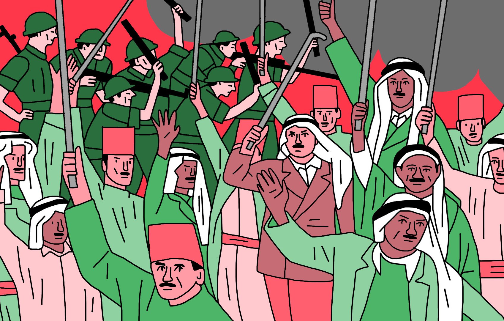 L'image représente une scène de protestation ou de révolte. On y voit un groupe de personnes brandissant des drapeaux et des bâtons, avec des expressions déterminées sur leurs visages. En arrière-plan, on distingue des soldats armés. Les personnages portent des vêtements traditionnels et des uniformes militaires, et l'ensemble de l'image est dominé par des couleurs vives, notamment du rouge et du vert, ce qui accentue l'intensité de la scène. L'atmosphère semble chargée d'émotion et de tension.