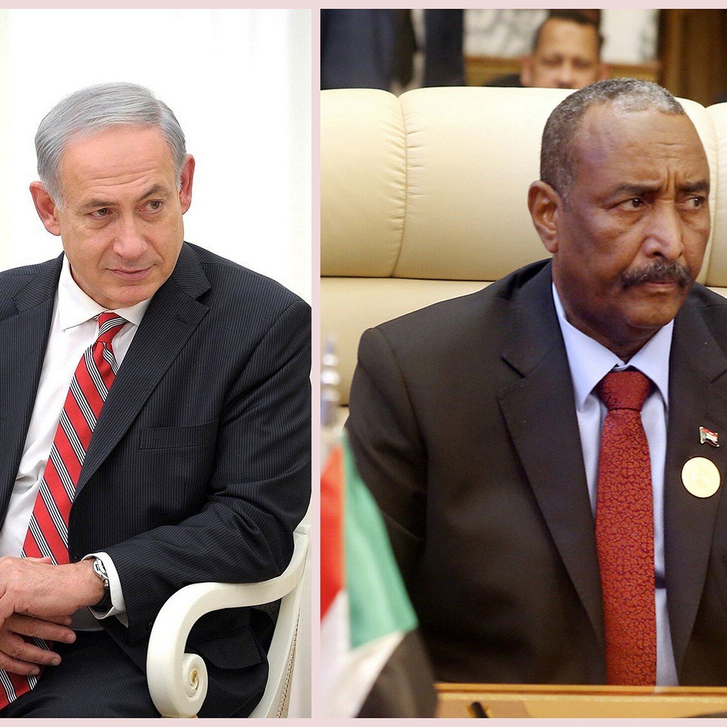 L'image montre deux personnes. À gauche, un homme avec des cheveux gris, portant un costume sombre et une cravate rouge à rayures, assis dans un fauteuil. À droite, un homme avec un teint foncé, portant un costume noir et une chemise claire, assis sur une chaise de président dans un cadre formel. Ils semblent engagés dans une discussion ou un événement officiel.