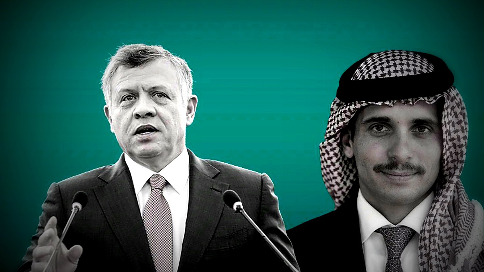 La imagen muestra a dos hombres en un fondo verde. A la izquierda, un hombre está hablando, probablemente en un contexto de discurso o intervención pública, con gestos en sus manos. A la derecha, hay otro hombre posando, que viste con un traje y un pañuelo típico árabe. Ambos parecen ser figuras importantes, posiblemente en un contexto político o gubernamental. El estilo de la imagen es en blanco y negro, lo que resalta el fondo verde.