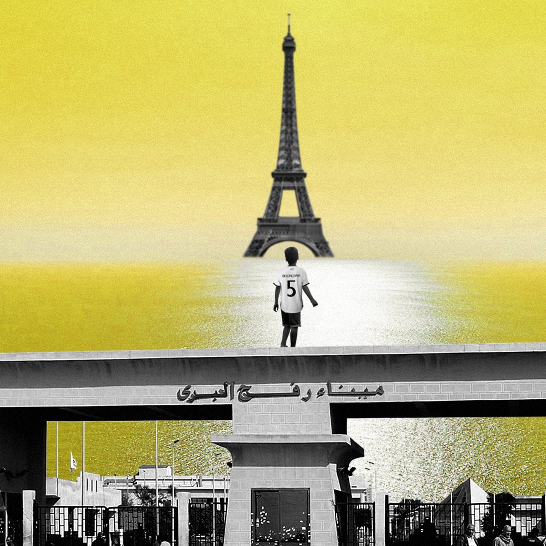 L'image présente un paysage surréaliste avec une silhouette centrale d'un individu se tenant sur un quai ou une plateforme décorée. En arrière-plan, on distingue la célèbre Tour Eiffel, qui semble flotter au-dessus d'une étendue d'eau, le tout sur un fond jaune éclatant. La composition crée un contraste entre les éléments architecturaux et le ciel, évoquant une atmosphère de rêve ou d'imaginaire. Les détails spécifiques autour de la silhouette ajoutent à la profondeur de l'image, tout en attirant l'attention sur le personnage au premier plan.
