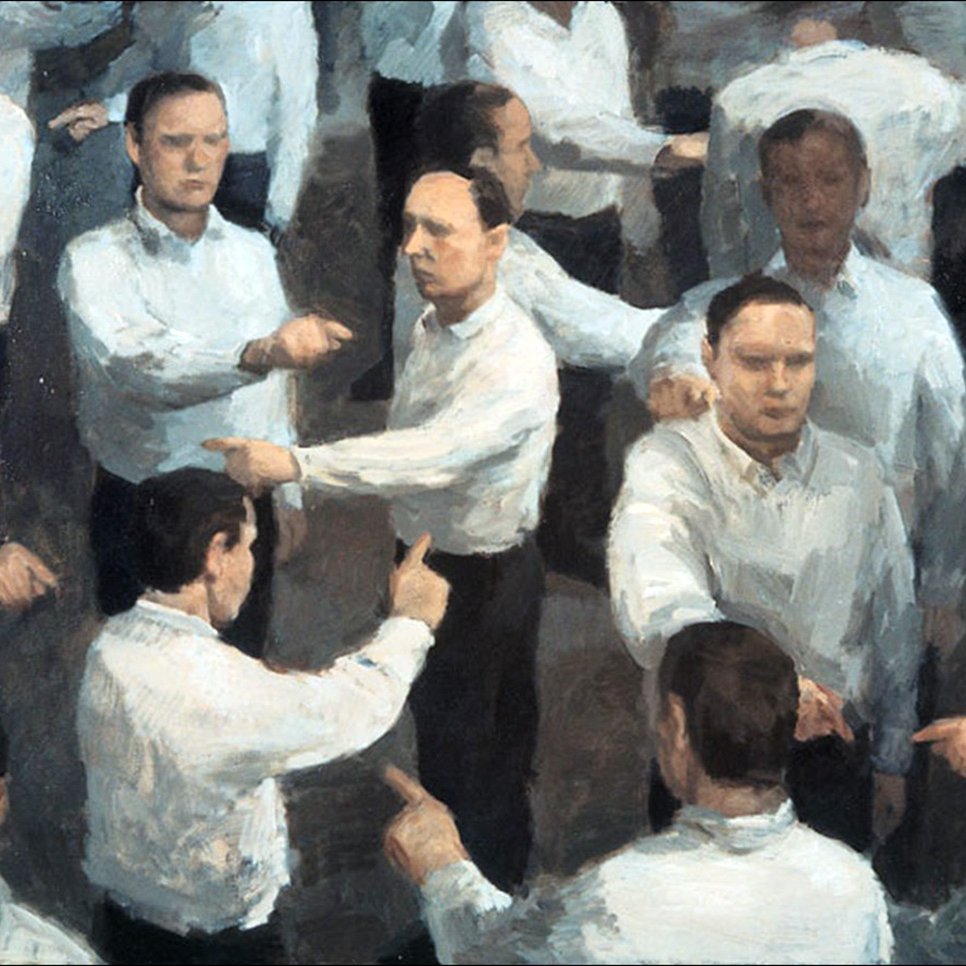 این تصویر، نقاشی‌ای را به نمایش می‌گذارد که تعدادی مرد در لباس‌های سفید را نشان می‌دهد. آنها در حال اشاره به یکدیگر هستند و حالت‌های مختلفی دارند. این ترکیب، فضایی پیچیده و غیرواقعی را ایجاد می‌کند که ممکن است به مسایل اجتماعی یا روانشناختی اشاره داشته باشد. حرکت‌ها و حرکات بدن آنها حس تعارض یا گفتگو را منتقل می‌کند. رنگ‌ها عمدتاً ملایم و خنثی هستند که به تصویر حس خاصی می‌بخشد.