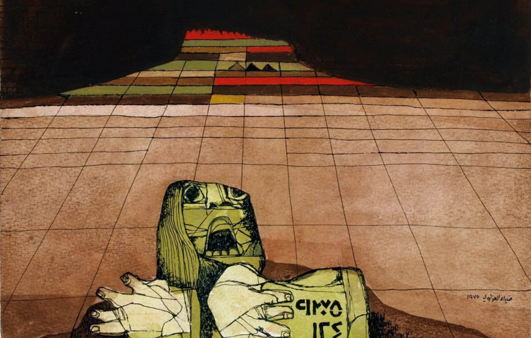 این تصویر نشان‌دهنده‌ی یک صحنه‌ی هنری است که یک شخصیت با چهره‌ای خاص و حالات عاطفی قوی در مرکز تصویر قرار دارد. این شخصیت به سمت بیننده دست‌ها را دراز کرده و به نظر می‌رسد در حال درخواست کمک یا ابراز ناامیدی است. در پس‌زمینه، الگوهای هندسی و رنگ‌های متنوعی دیده می‌شود که جلوه‌ای از فضای انتزاعی را به تصویر می‌دهند. رنگ‌ها شامل زرد، قهوه‌ای و قرمز هستند که حس تنش و درگیری را منتقل می‌کنند. این اثر هنری ممکن است به مفاهیم عمیق‌تری مانند بحران یا دشواری‌های انسانی اشاره کند.