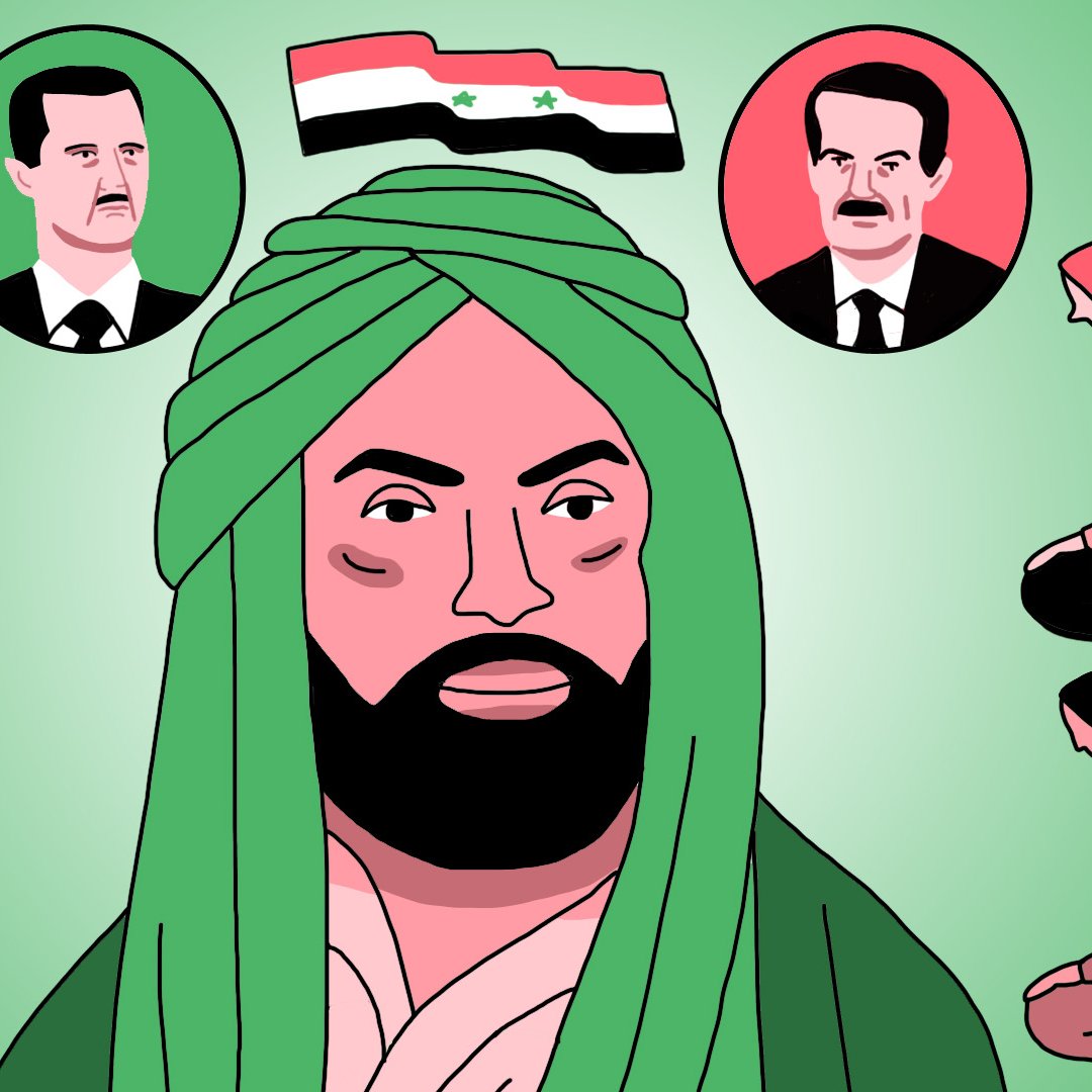 La imagen presenta a un hombre con barba y una túnica, vistiendo un turbante verde. Al fondo, hay tres retratos de una figura masculina en diferentes posiciones, posiblemente representando a un líder o figura política. También hay varias personas en posturas de sumisión o adoración, situadas en la parte inferior de la imagen. El fondo es de color verde, lo que podría simbolizar esperanza o religiosidad. La presencia de la bandera de Siria indica un contexto político o cultural relacionado con ese país.