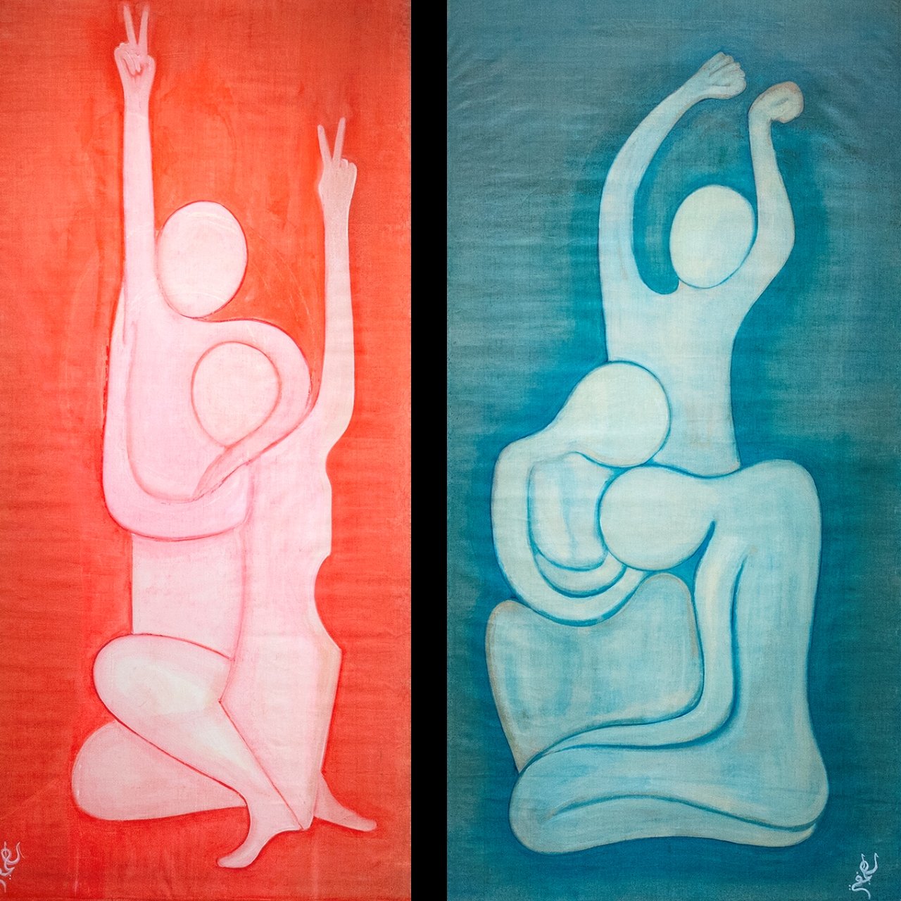 Three abstract figures in soft colors, expressing love, celebration, and movement through intertwined shapes.