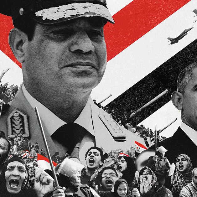 The image features a juxtaposition of two prominent figures: a military general and a political leader, positioned against a backdrop of striking red, black, and white colors. The general is depicted in a military uniform, likely symbolizing authority and power, while the political leader, who appears to be more formal, suggests diplomacy and governance. In the lower part of the image, there are crowds of people holding banners and raising their fists, indicating a sense of protest or social movement. Additionally, there are airplanes or missiles in the background, which may imply themes of conflict or intervention. Overall, the image conveys a sense of political tension and contrasting leadership styles.