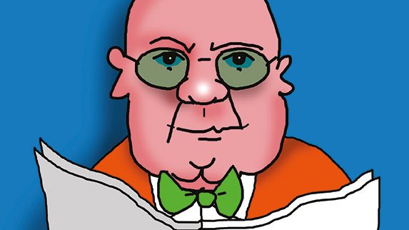 L'image représente un personnage caricatural, un homme en surpoids avec une tête ronde et chauve. Il porte des lunettes et un nœud papillon vert qui contraste avec sa veste orange. Il est assis à une table et tient un grand journal devant lui. L'arrière-plan est de couleur bleue, ce qui fait ressortir les couleurs vives de son costume. Le style de dessin est humoristique et simplifié.