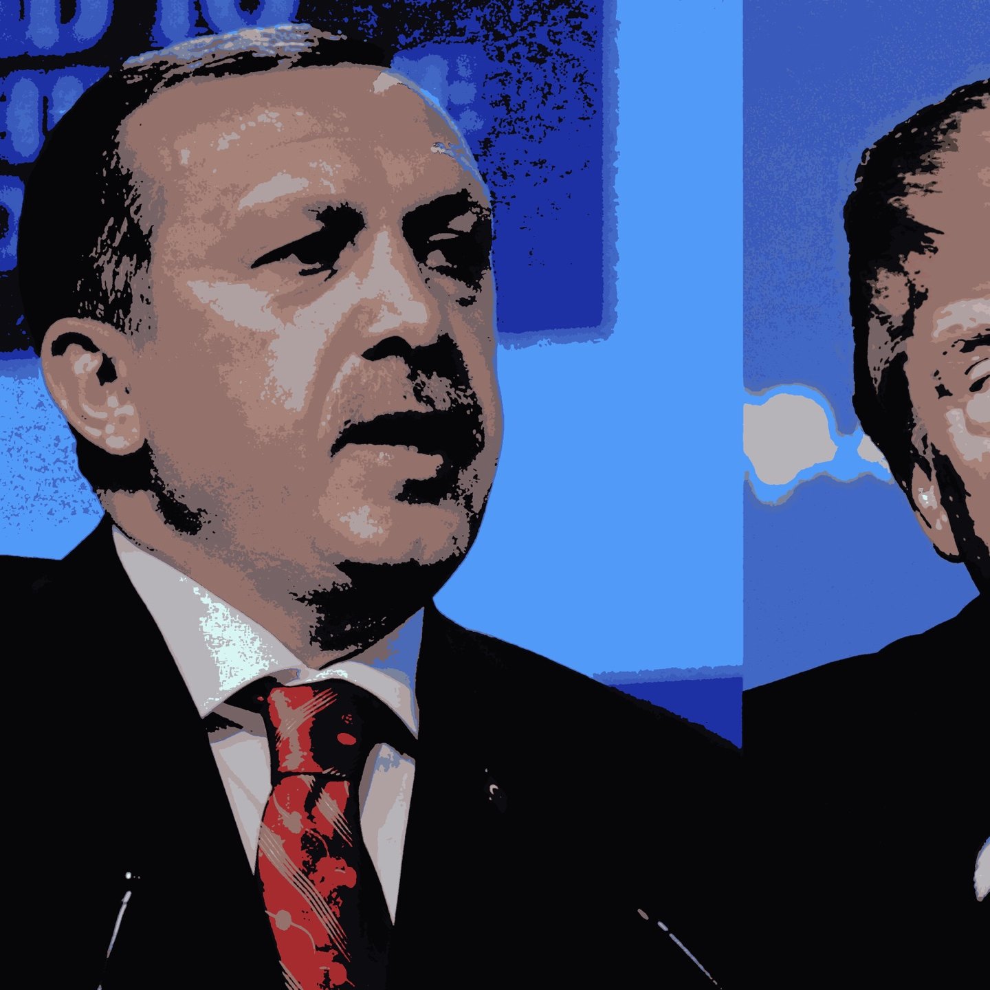 The image features a split-screen depiction of two men. On the left, a figure is speaking at a podium, dressed in a suit and tie with a red patterned tie, likely suggesting a formal setting or a political speech. The background appears to have blue tones and text that is partially obscured. On the right, another man is shown with a serious expression, also dressed in a suit and tie, and he appears to be in a similar setting with a microphone in front of him. The overall color tone of the image is stylized, giving it an artistic or graphic quality.