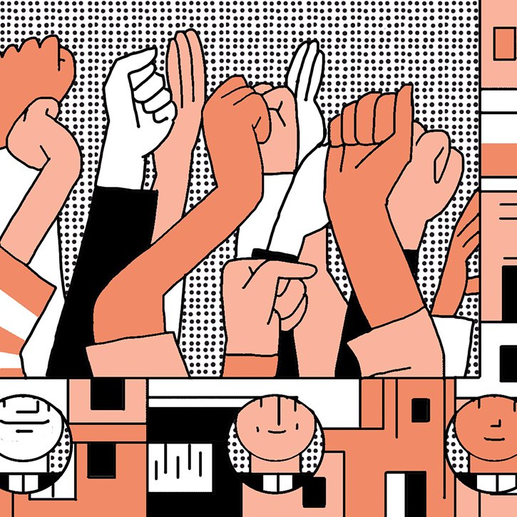 L'image présente plusieurs poings levés, symbolisant la résistance ou la protestation. Les poings sont dessinés dans des tons de peau variés, avec des motifs graphiques en arrière-plan. En dessous, on voit des visages souriants et stylisés, possiblement représentant des soutiens ou des participants à un mouvement collectif. L'ensemble crée une ambiance dynamique et engagée, illustrant des thèmes de solidarité et de lutte.