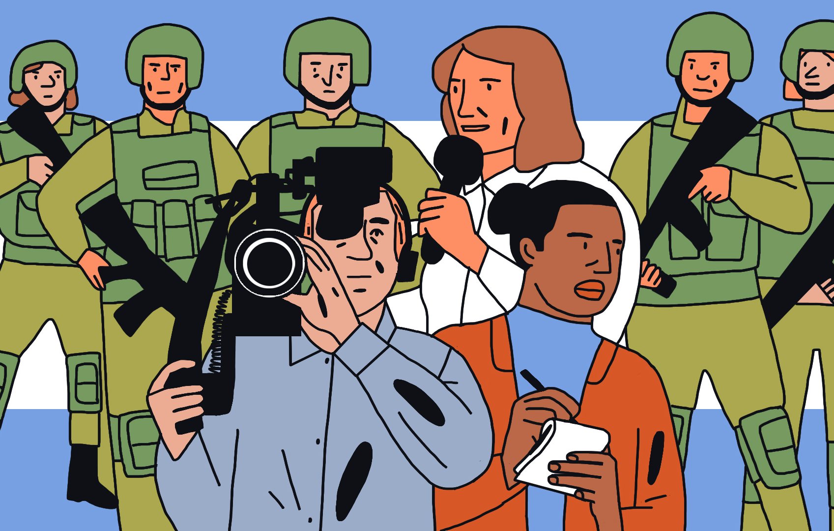 L'image représente un groupe de personnes dans une scène qui semble évoquer un contexte de reportage. Au premier plan, on voit un journaliste avec une caméra et un autre avec un carnet de notes, tous deux concentrés sur leur travail. En arrière-plan, des soldats en uniforme et armés se tiennent en position, ce qui suggère une ambiance de tension ou de sécurité. L'arrière-plan est décoré de couleurs vives, ajoutant une touche graphique à la scène.