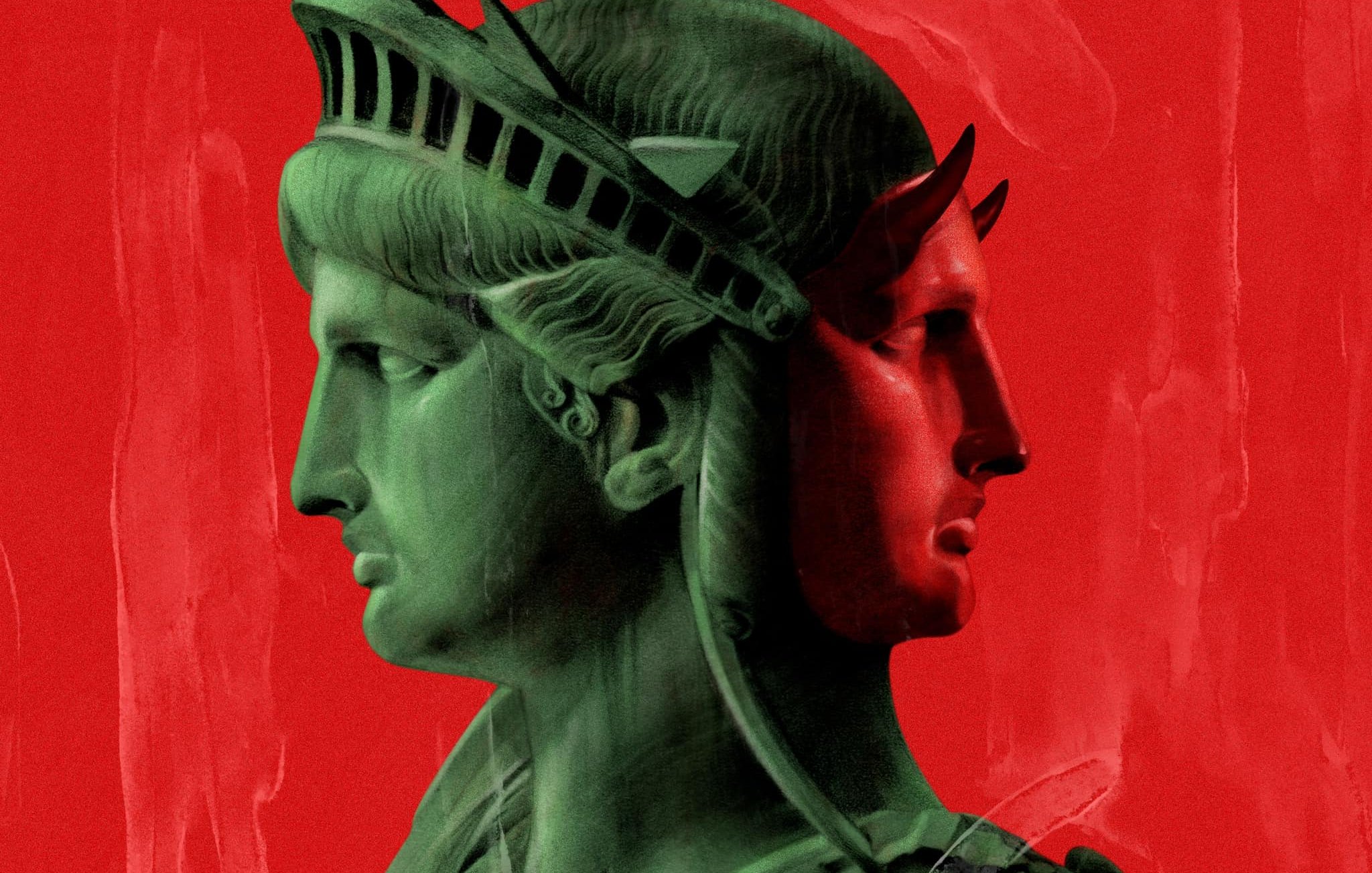 L'image représente une interprétation artistique de la Statue de la Liberté. On y voit une silhouette stylisée de la statue, déclinée en vert, avec un fond rouge vibrant. La statue est présentée de profil, et une seconde silhouette, plus sombre et rougeâtre, est superposée à celle en vert, suggérant une dualité ou une dualité de perspectives. Cette composition évoque des thèmes de liberté et d'identité, tout en jouant sur des contrastes de couleurs saisissants.