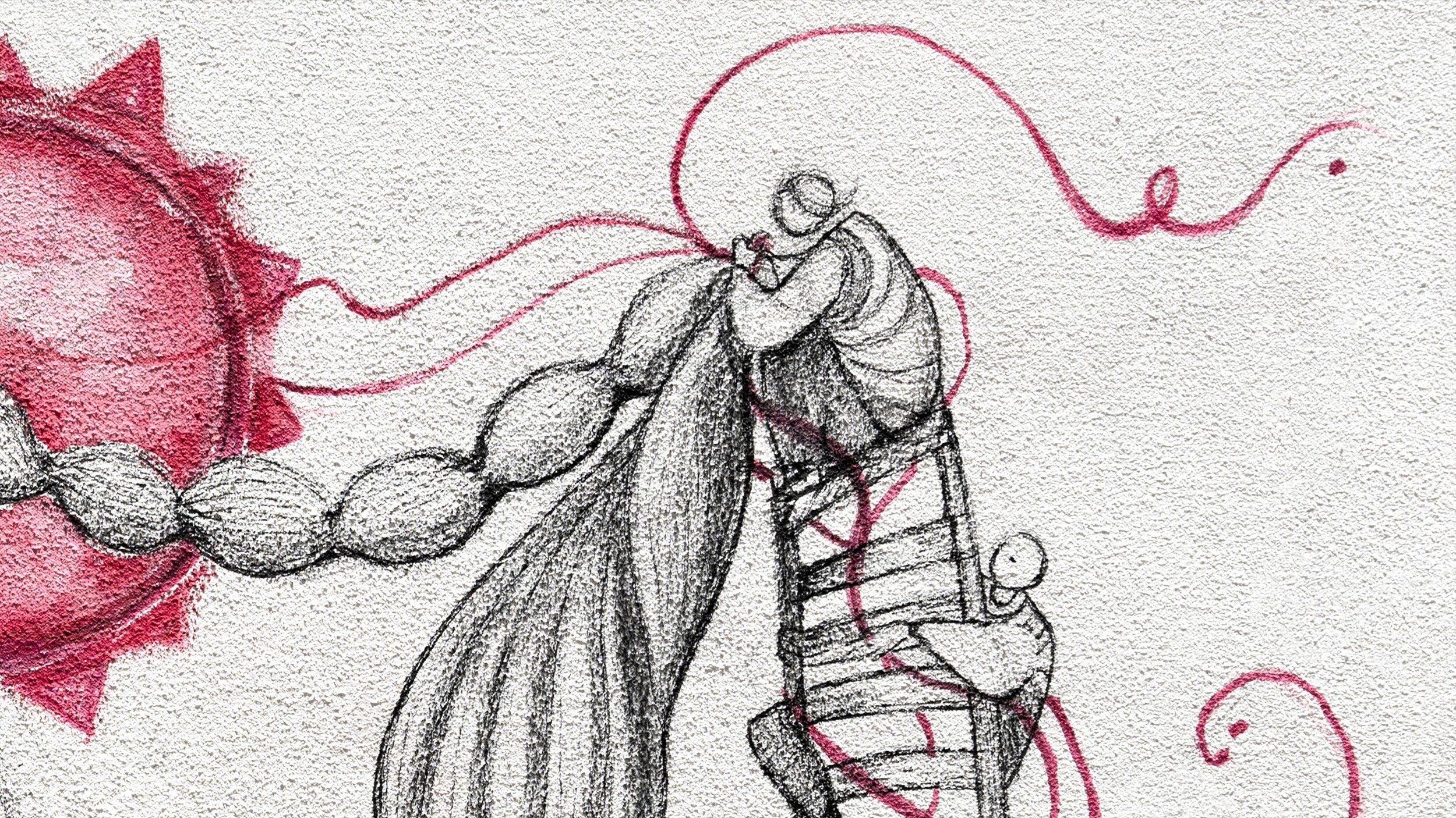 L'immagine mostra dei personaggi stilizzati che si intrecciano. Una figura principale, avvolta in una sorta di nastro o legatura, sembra abbracciare un'altra figura più piccola. Attorno a loro ci sono linee fluide e dinamiche, che creano un senso di movimento e connessione. Sullo sfondo, un grande sole rosso emana energia, accentuando l'atmosfera di calore e intimità tra le figure. La combinazione di toni chiari e scuri suggerisce un contrasto tra vulnerabilità e forza.