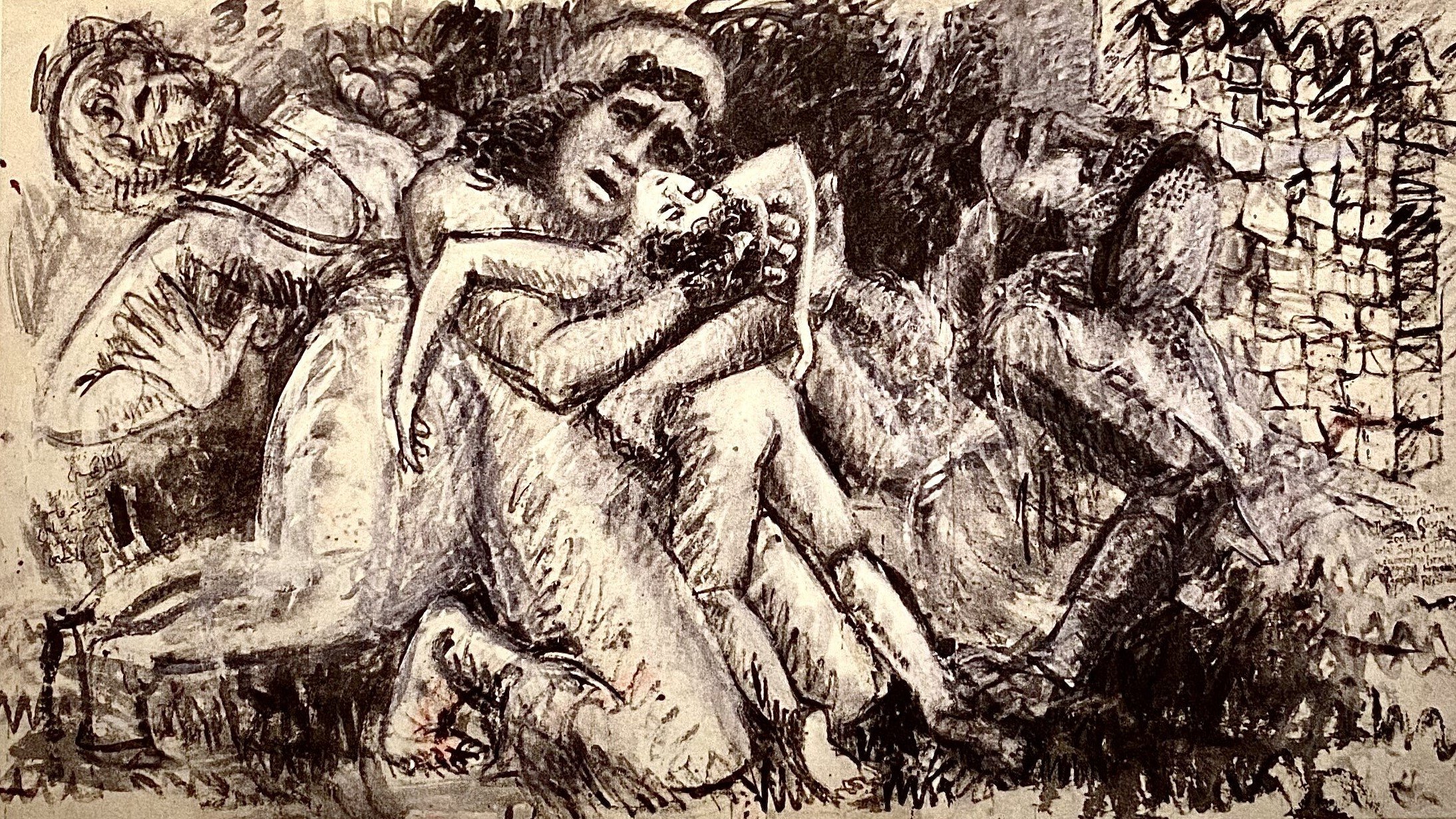 L'image présente une scène profondément expressive et émotive, où plusieurs figures humaines sont représentées dans des poses désespérées. Les personnages semblent en détresse, certains se tenant les uns les autres, tandis que d'autres sont recroquevillés dans des attitudes de douleur ou de vulnérabilité. Les traits sont marqués par l'angoisse, et l'utilisation des ombres et des lignes dynamiques accentue l'intensité émotionnelle de la composition. Les couleurs sombres dominent, créant une atmosphère lourde, presque tragique. Cette œuvre invite à réfléchir sur des thèmes difficiles, tels que la souffrance et la lutte.