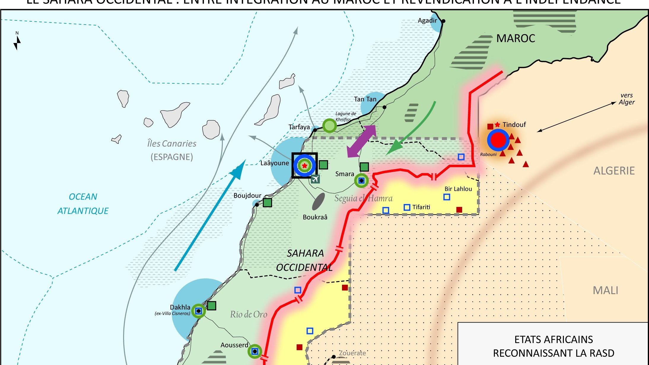 Cette image est une carte du Sahara Occidental, illustrant la situation géographique et politique de la région. Les frontières entre le Maroc et le Sahara Occidental sont indiquées par une ligne rouge. On y voit également des villes et des régions clés, ainsi que des zones marquées pour indiquer les revendications et l'intégration par le Maroc. De plus, la carte mentionne les États africains qui reconnaissent la République arabe sahraouie démocratique (RASD). Les éléments tels que les océans, les rivières et les principales routes sont également présents, fournissant un contexte géographique.