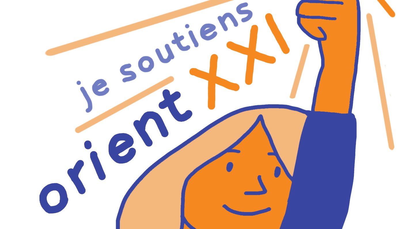 تظهر الصورة رسماً توضيحياً لشخصية ذات ملامح بسيطة ومبتسمة، وهي ترفع يدها في الهواء ممسكة بعملة ما. الخلفية تتضمن كلمات باللغة الفرنسية "je soutiens orient XXI"، مما يعني "أنا أساند الشرق 21". الألوان الرئيسية المستخدمة هي الأزرق والبرتقالي، مما يعطي إحساساً بالحيوية والدعم.