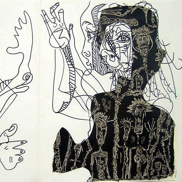 این تصویر شامل دو بخش است که هر کدام با خطوط و اشکال انتزاعی طراحی شده‌اند. در سمت چپ، چهره‌ای با ویژگی‌های غیرمتعارف، مانند چشم‌ها و دهانی بزرگ و دست‌هایی در حال حرکت دیده می‌شود. طراحی به طور کلی تو در تو و پیچیده است. در سمت راست، چهره دیگری وجود دارد که به طور مشابه خطوطی غیرمعمول و انتزاعی دارد و پس‌زمینه‌ای سیاه با نقوش مشابهی از دست‌ها و اشکال دیگر به چشم می‌خورد. این تصویر به نظر می‌رسد که احساسات و حالت‌های ذهنی پیچیده‌ای را به تصویر می‌کشد.