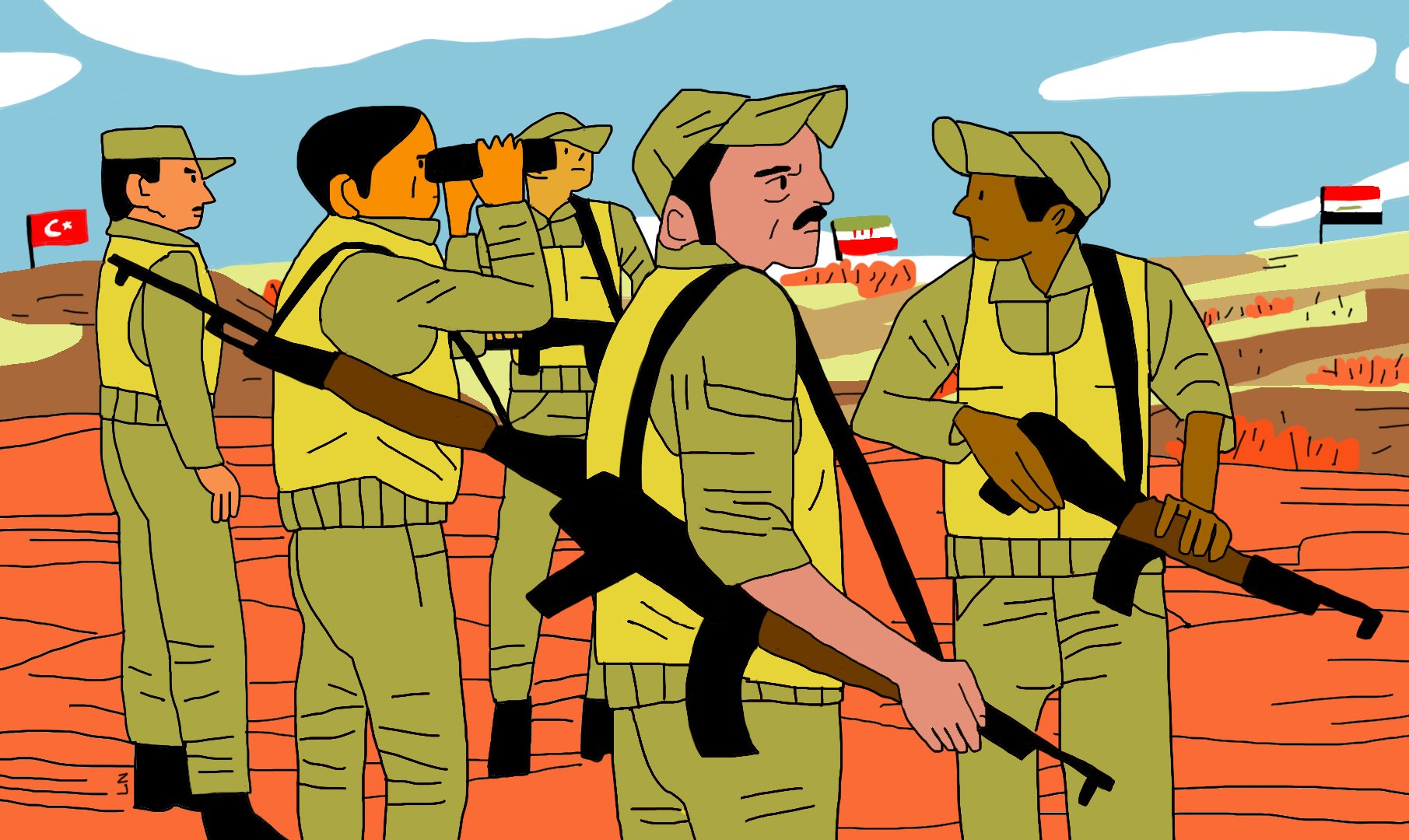 L'image montre un groupe de six soldats vêtus de tenues militaires de couleur beige, se tenant dans un paysage désertique. Certains d'entre eux portent des fusils et semblent vigilants, en train d'observer les environs. À l'arrière-plan, des drapeaux de la Turquie et d'un autre pays sont visible, ajoutant un contexte géopolitique à la scène. Le ciel est bleu avec quelques nuages, et le sol est rougeâtre,Characteristic of un paysage aride. L'ambiance semble sérieuse, indiquant une situation potentiellement tendue.