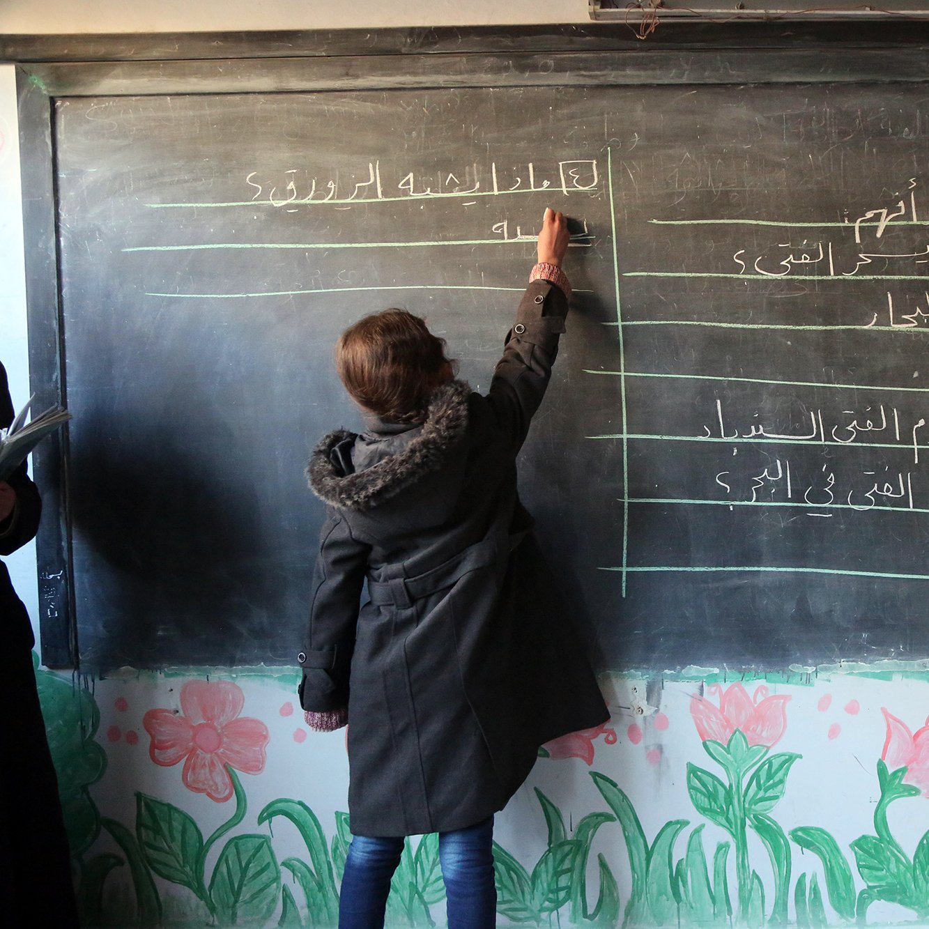 الصورة تظهر فتاة صغيرة تقف أمام سبورة سوداء في فصل دراسي. هي تكتب على السبورة، والسبورة تحتوي على قائمة مكتوبة بخطوط مختلفة. الجدران مزينة برسومات زهور ملونة، مما يضفي جواً من الحيوية على المكان. الفتاة ترتدي معطفاً واقفاً، وتبدو مت concentrating في ما تفعله.