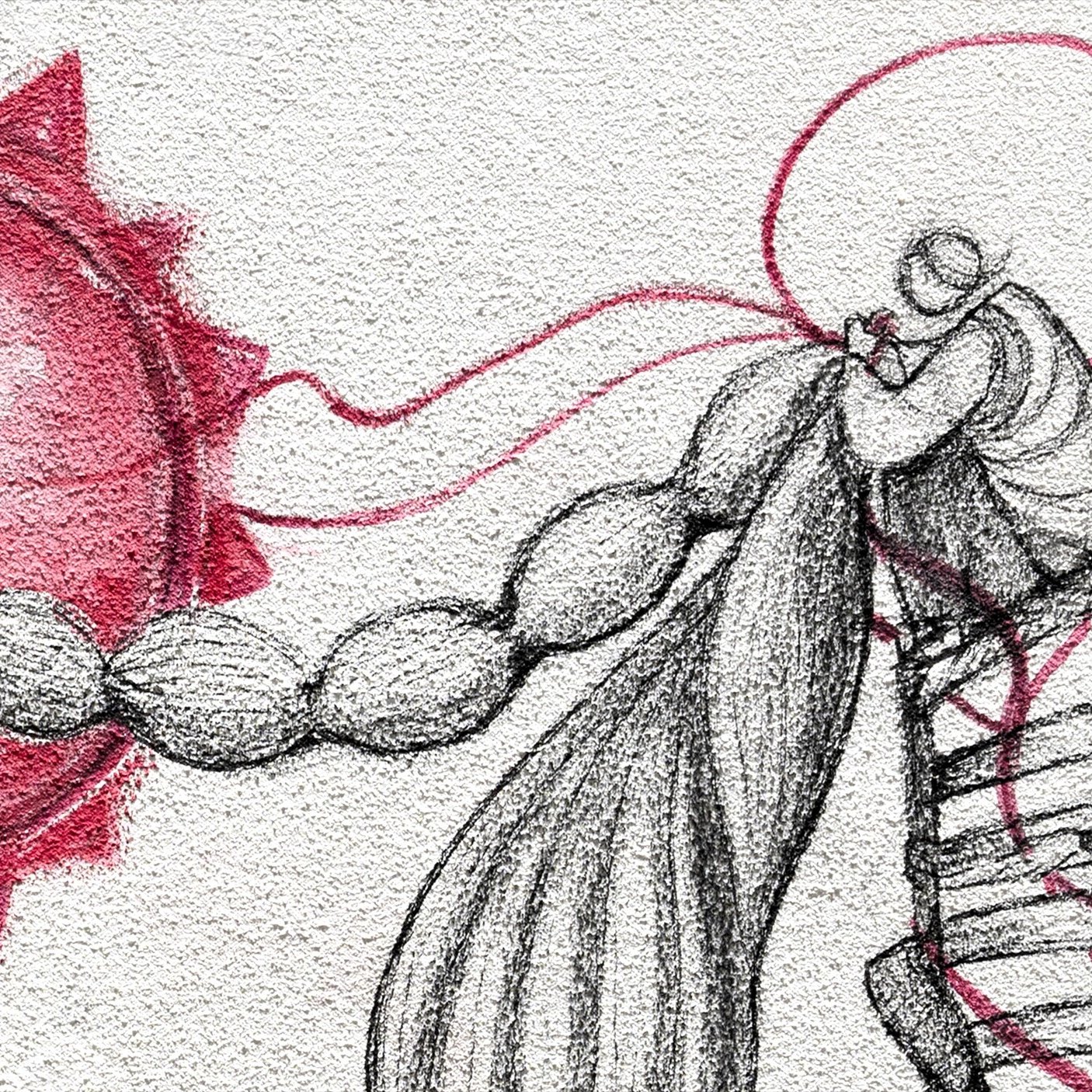 L'immagine mostra dei personaggi stilizzati che si intrecciano. Una figura principale, avvolta in una sorta di nastro o legatura, sembra abbracciare un'altra figura più piccola. Attorno a loro ci sono linee fluide e dinamiche, che creano un senso di movimento e connessione. Sullo sfondo, un grande sole rosso emana energia, accentuando l'atmosfera di calore e intimità tra le figure. La combinazione di toni chiari e scuri suggerisce un contrasto tra vulnerabilità e forza.