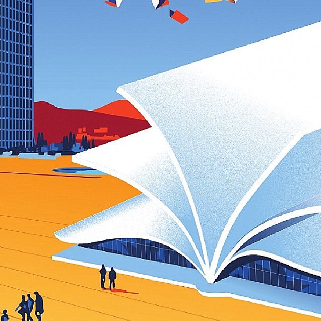L'image représente une scène futuriste et graphique, avec un grand livre ouvert qui semble flotter ou être intégré dans le paysage. À l'arrière-plan, on peut distinguer un bâtiment moderne et élancé, probablement une bibliothèque ou un centre culturel. Le ciel est d'un bleu vif, tandis que le sol arbore des teintes de jaune et orange, créant une ambiance chaleureuse. Des silhouettes de personnes se déplacent autour, ajoutant une dynamique à la composition. Des éléments colorés semblent s'élever dans l'air, évoquant des idées de créativité et de connaissance en liberté.