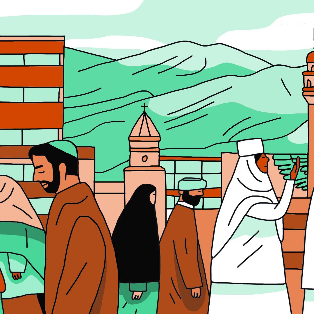 La imagen muestra una escena diversa y colorida de personas caminando en un entorno urbano. Hay montañas al fondo y diferentes edificios, incluyendo una mezquita y una iglesia, que sugieren una mezcla cultural. Las personas en la imagen visten ropas tradicionales de varias culturas, y parece haber un ambiente de convivencia entre diferentes comunidades. Las líneas son simples y los colores son suaves, dando una sensación de calidez y diversidad.