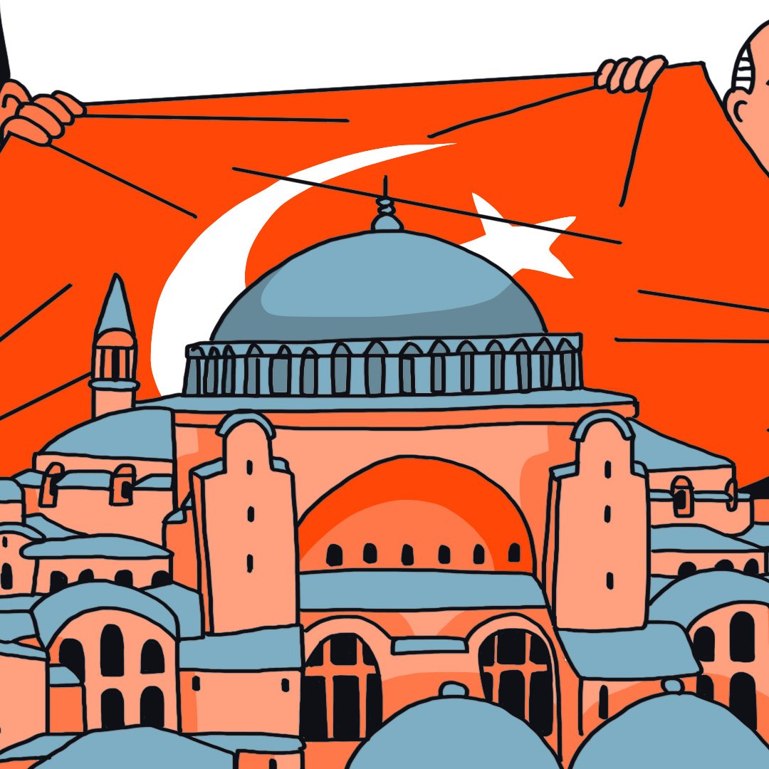 La imagen muestra a dos hombres sosteniendo una gran bandera de Turquía, que tiene una estrella y una luna en su centro. Detrás de ellos se encuentra la famosa estructura de la Hagia Sophia, con su distintiva cúpula y minaretes. La escena está representada en un estilo gráfico, con colores predominantes en tonos naranja, azul y gris, lo que le da un aire moderno y estilizado.