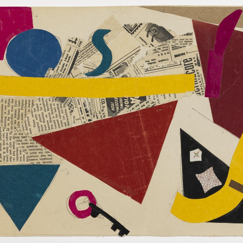 این تصویر ترکیبی از اشکال هندسی و رنگ‌های مختلف است. در آن از اشکال رنگی مانند دایره‌ای آبی، نوار زرد و اشکال قرمز و مشکی استفاده شده است. پس‌زمینه شامل برش‌هایی از روزنامه‌ها و کاغذهای متفاوت است که به تصویر عمق و بافت می‌دهد. استفاده از رنگ‌ها و فرم‌ها به‌طور کلی حس پویا و هنری به کار می‌بخشد. طراحی به‌نظر می‌رسد که مدرن و انتزاعی باشد، با توجه به ترکیب غیرسنتی عناصر.