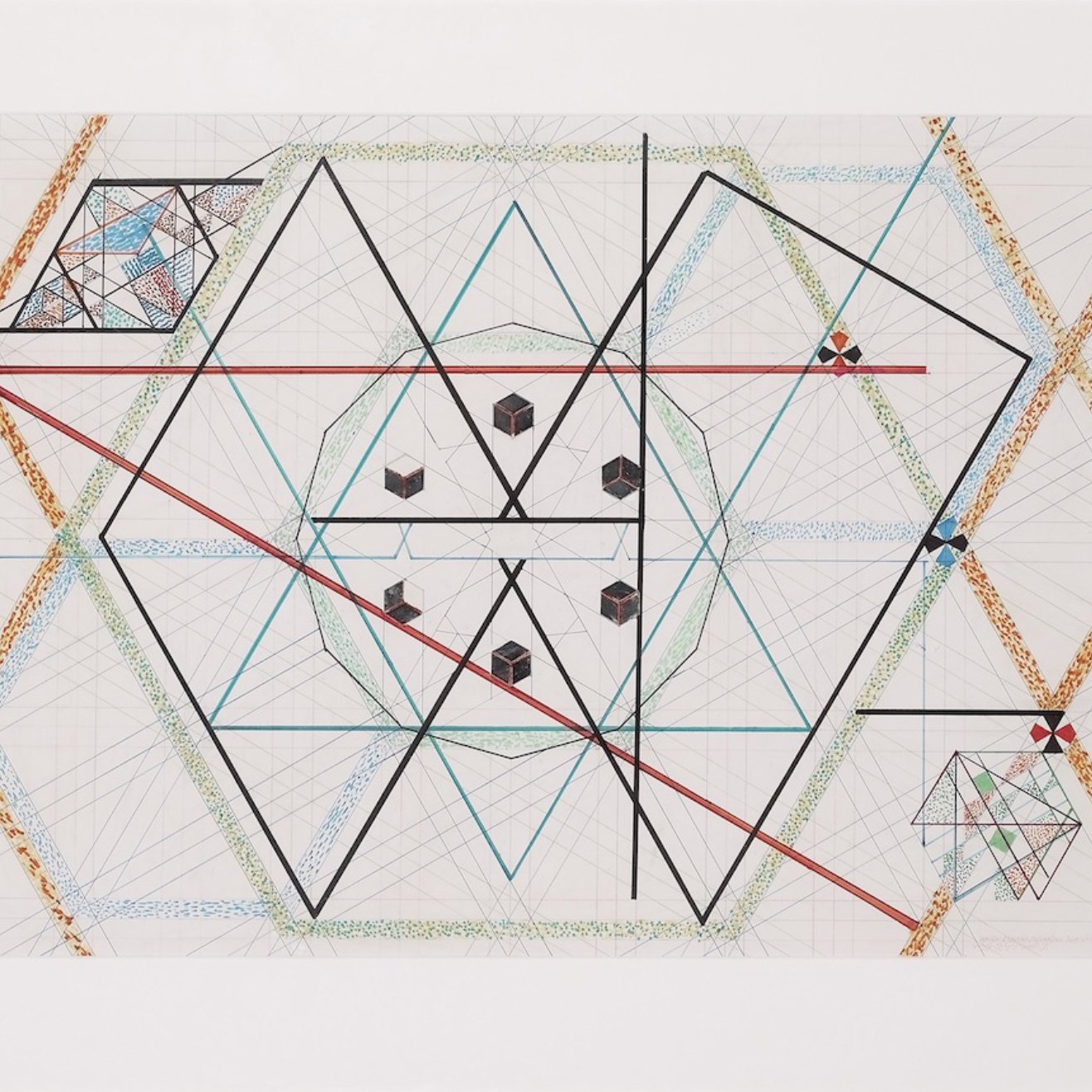 این تصویر شامل یک طرح هندسی پیچیده است که در آن اشکال مختلف هندسی مانند مثلث، مربع و دایره به کار رفته است. در مرکز تصویر، یک شش ضلعی بزرگ وجود دارد که با خطوط مشکی و رنگی احاطه شده است. همچنین درون این شش ضلعی، چندین شکل هندسی کوچک‌تر و طراحی های خطی زیبا به چشم می‌خورد. رنگ‌های مختلفی مانند آبی، قرمز و سبز به تصویر زندگی بخشیده و حس عمق و پیچیدگی را القا می‌کند. ترکیب این اشکال و خطوط، حسی از هماهنگی و تعادل را به بیننده منتقل می‌کند.