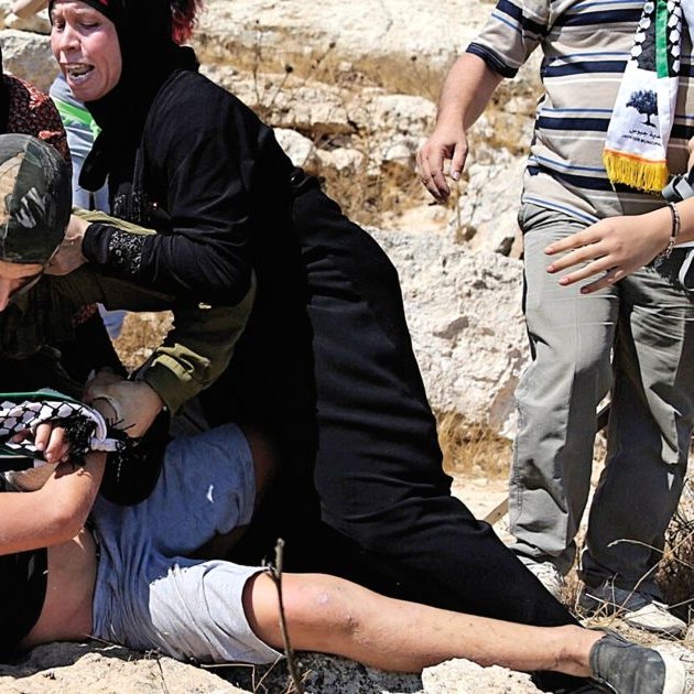 تصویر نشان‌دهنده یک صحنه تنش‌زا است که در آن چند نفر در حال مقاومت یا کمک به یکدیگر هستند. تعدادی از افراد در حال تعامل با یک نظامی به نظر می‌رسند و برخی از آنها به وضوح نگران و هیجان‌زده به نظر می‌رسند. این تصویر ممکن است به یک واقعه یا اعتراض خاص مرتبط باشد. زمینه صحنه طبیعی و سنگی است که احساس وخامت موقعیت را بیشتر می‌کند.