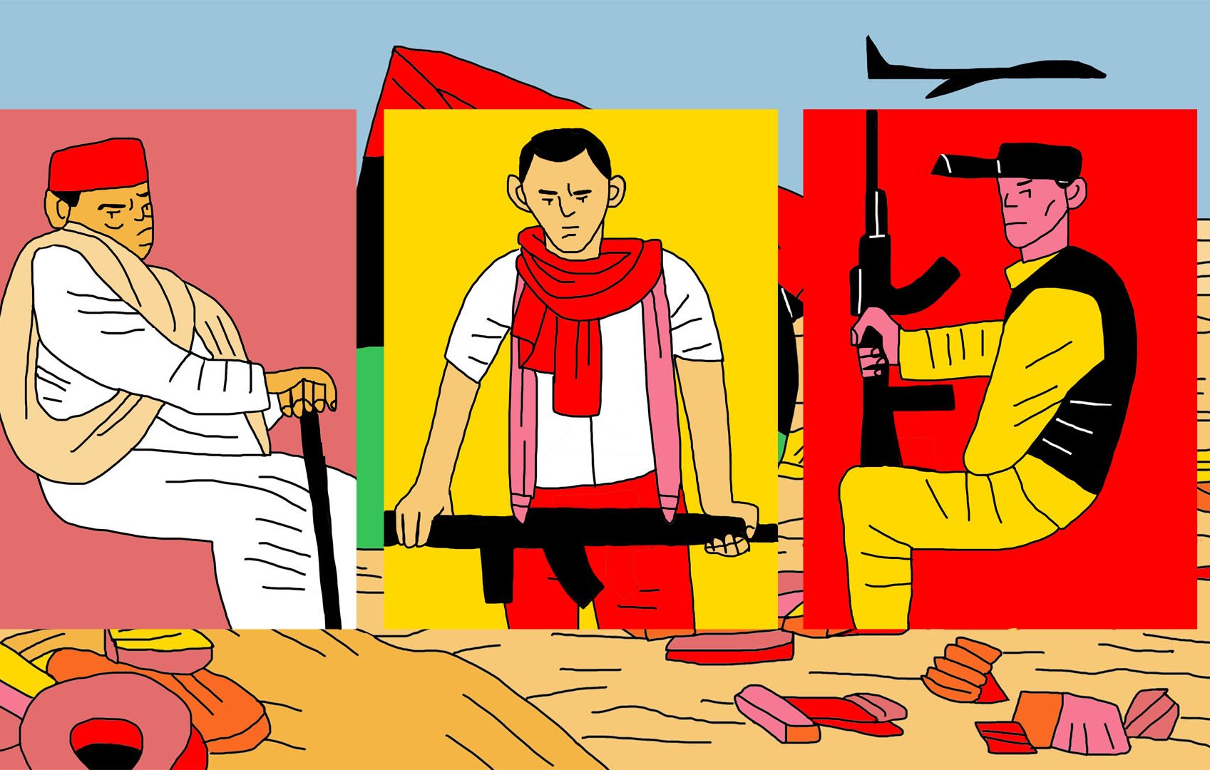 L'image présente trois personnages stylisés, chacun dans un cadre coloré différent. À gauche, un homme portant un turbant rouge et une tenue blanche est assis avec une canne. Au centre, un personnage debout porte un t-shirt et un foulard rouge, tenant une arme automatique. À droite, un homme est habillé en noir et jaune, tenant également une arme. Le fond évoque un paysage désertique avec des éléments de débris colorés. L'ensemble crée une atmosphère qui semble aborder des thèmes de conflit ou de tension.