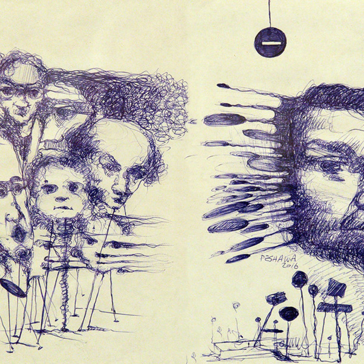 The image features a distinctive artwork created with blue ink on a light background. On the left side, there are various abstract and exaggerated facial sketches, some of which depict human features in a fragmented or surreal manner. These faces are blended together, creating a sense of chaos. On the right side, there is a more defined face that appears to be drawn with thicker lines, emphasizing the contours and expressions. Surrounding this face are elongated shapes that resemble abstract figures or objects, contributing to the overall artistic tension in the piece. The combination of detailed faces alongside more abstract forms suggests a contrast between clarity and abstraction. The artwork is signed "Peshawa" with a date of 2016.